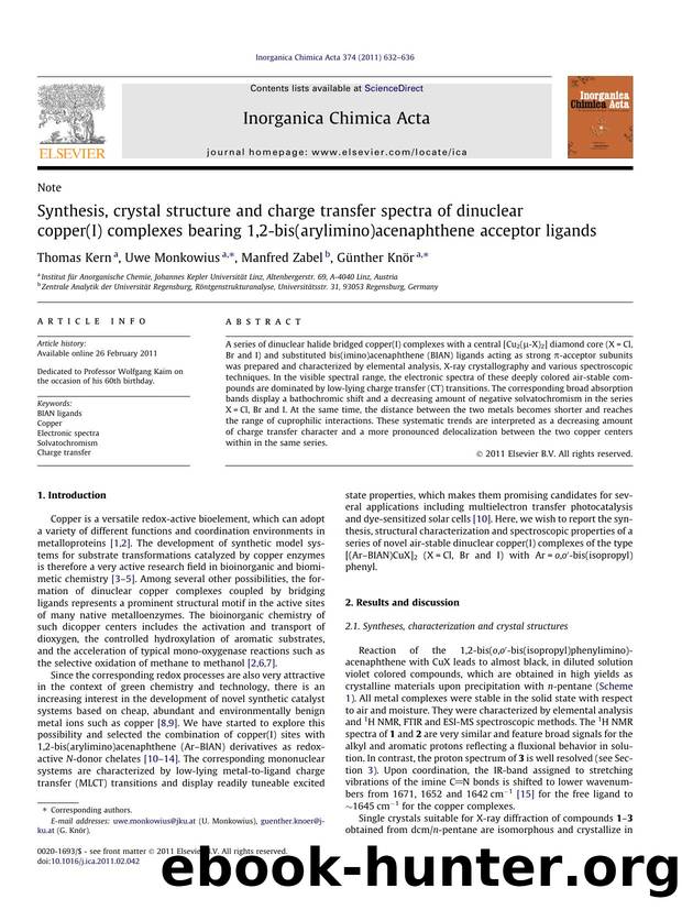 Synthesis, crystal structure and charge transfer spectra of dinuclear copper(I) complexes bearing 1,2-bis(arylimino)acenaphthene acceptor ligands by Thomas Kern & Uwe Monkowius & Manfred Zabel & Günther Knör