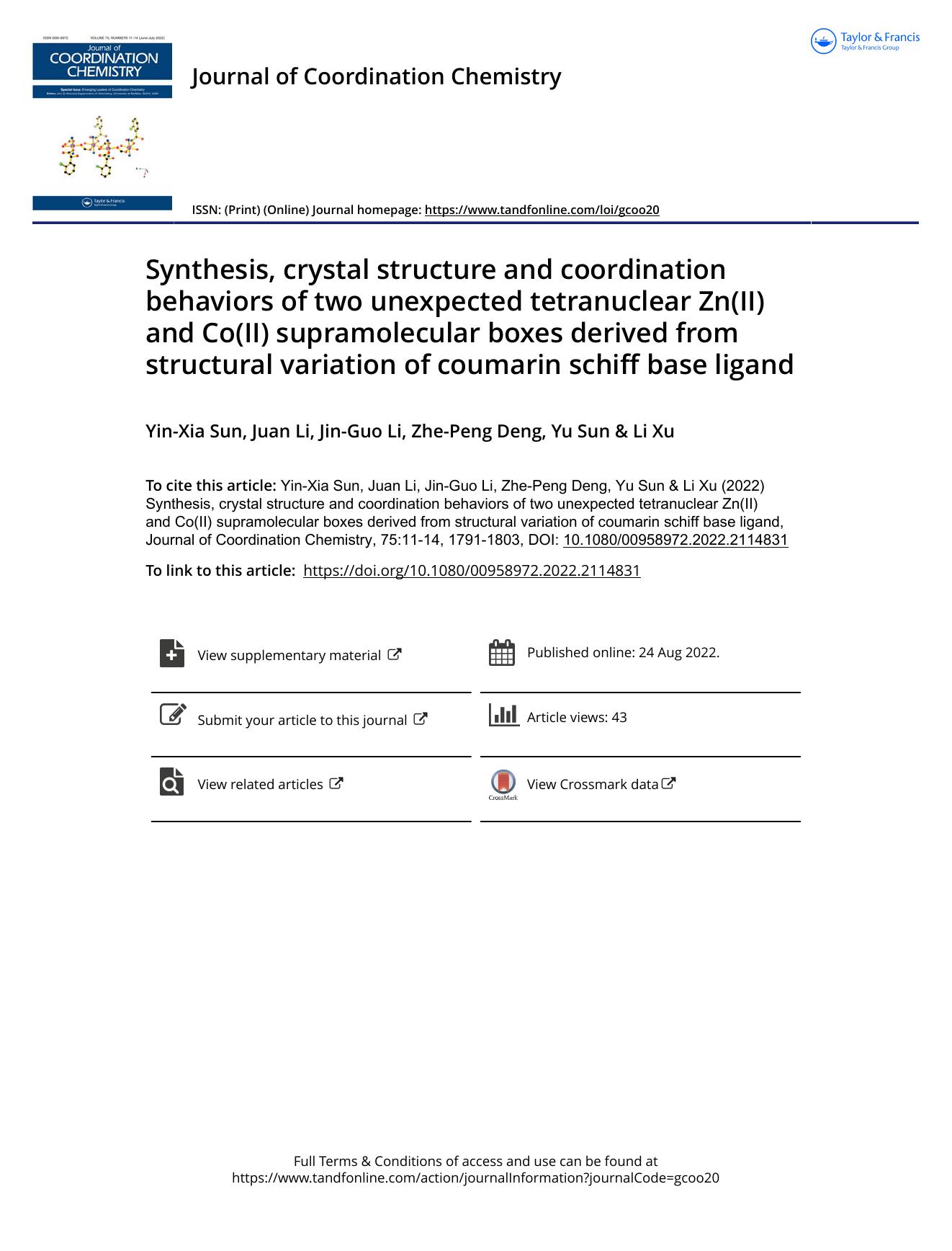 Synthesis, crystal structure and coordination behaviors of two unexpected tetranuclear Zn(II) and Co(II) supramolecular boxes derived from structural variation of coumarin schiff base ligand by Sun Yin-Xia & Li Juan & Li Jin-Guo & Deng Zhe-Peng & Sun Yu & Xu Li