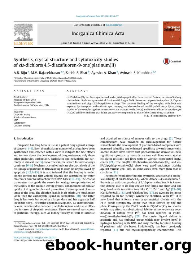 Synthesis, crystal structure and cytotoxicity studies of cis-dichloro(4,5-diazafluoren-9-one)platinum(II) by A.R. Biju & M.V. Rajasekharan & Satish S. Bhat & Ayesha A. Khan & Avinash S. Kumbhar