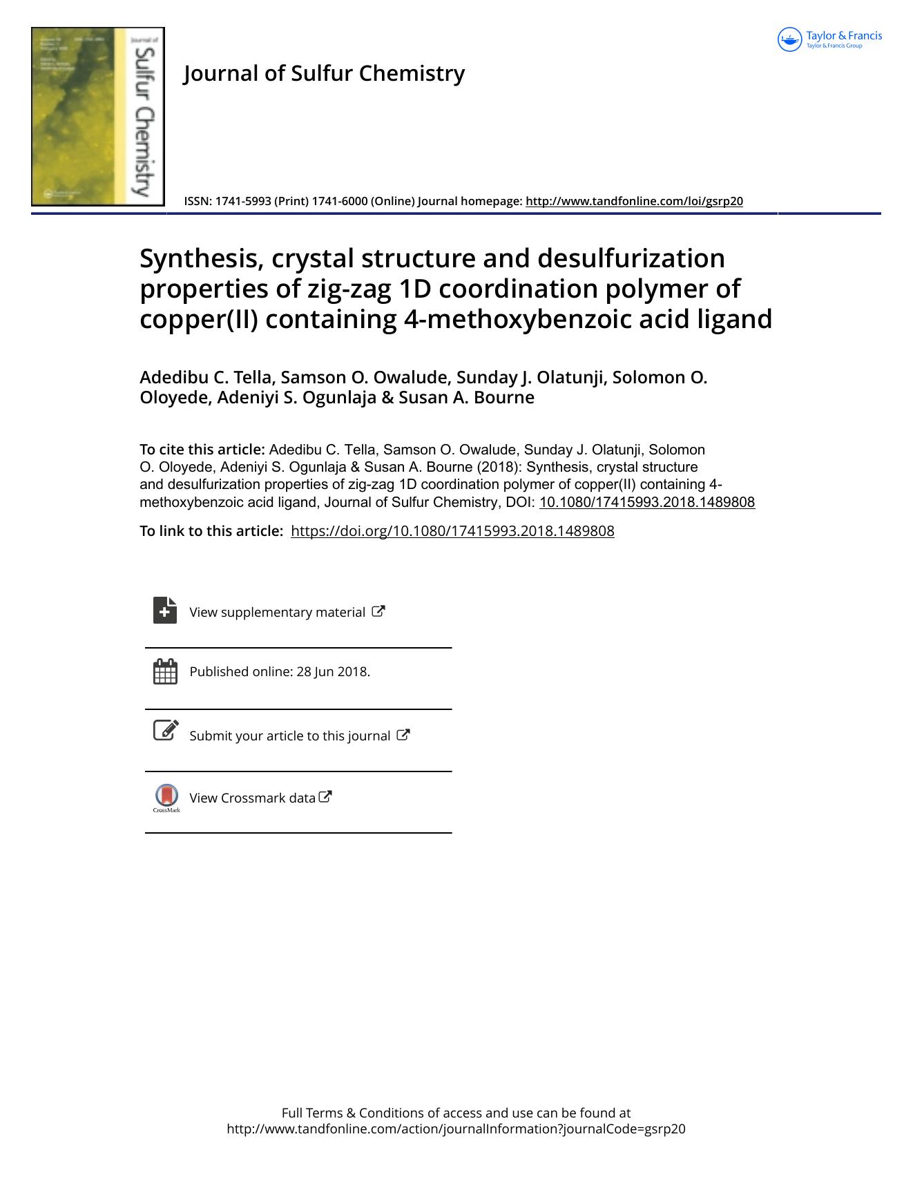 Synthesis, crystal structure and desulfurization properties of zig-zag 1D coordination polymer of copper(II) containing 4-methoxybenzoic acid ligand by unknow