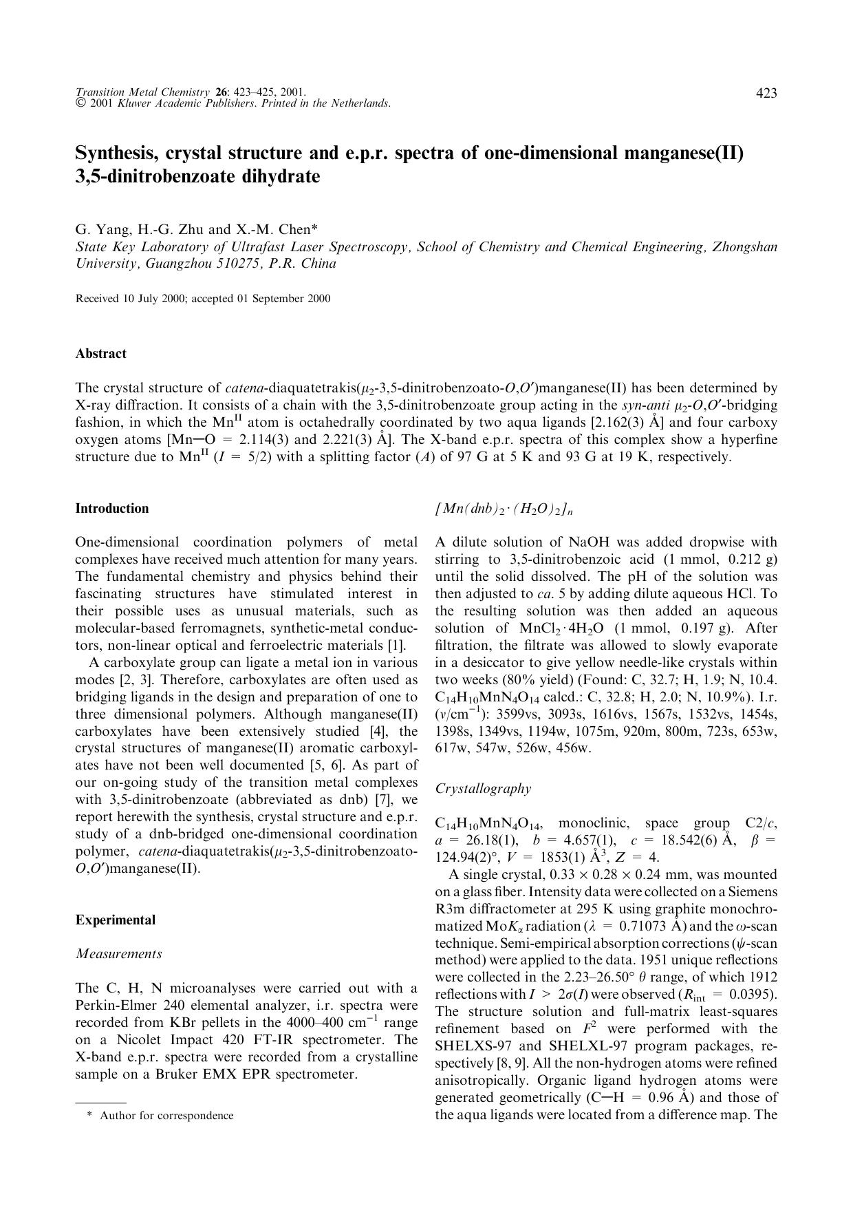Synthesis, crystal structure and e.p.r. spectra of one-dimensional manganese(II) 3,5-dinitrobenzoate dihydrate by Unknown