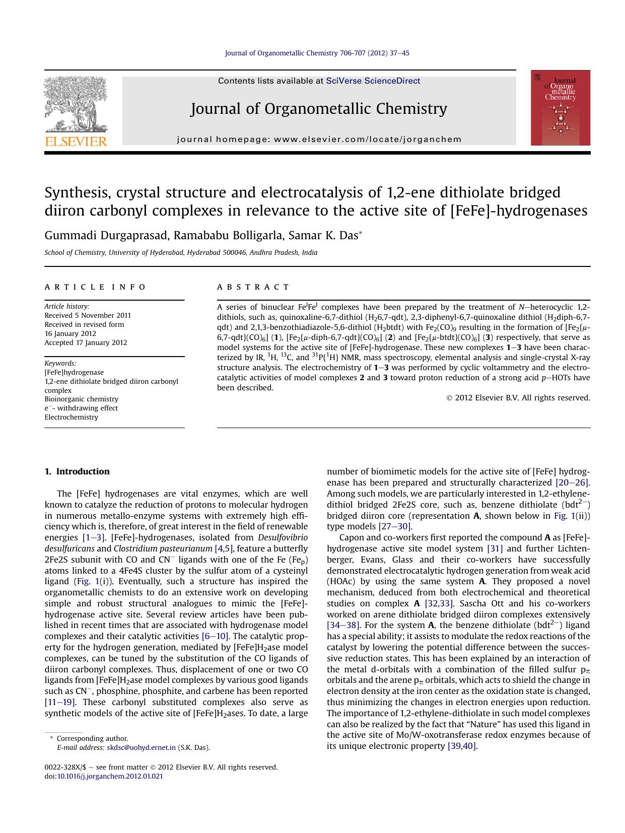 Synthesis, crystal structure and electrocatalysis of 1,2-ene dithiolate bridged diiron carbonyl complexes in relevance to the active site of [FeFe]-hydrogenases by Gummadi Durgaprasad & Ramababu Bolligarla & Samar K. Das