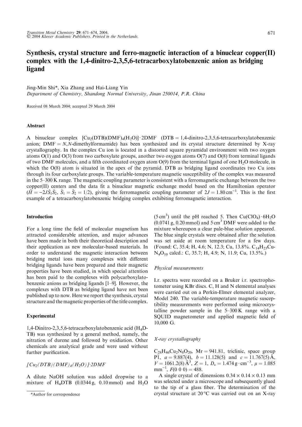 Synthesis, crystal structure and ferro-magnetic interaction of a binuclear copper(II) complex with the 1,4-dinitro-2,3,5,6-tetracarboxylatobenzenic anion as bridging ligand by Unknown