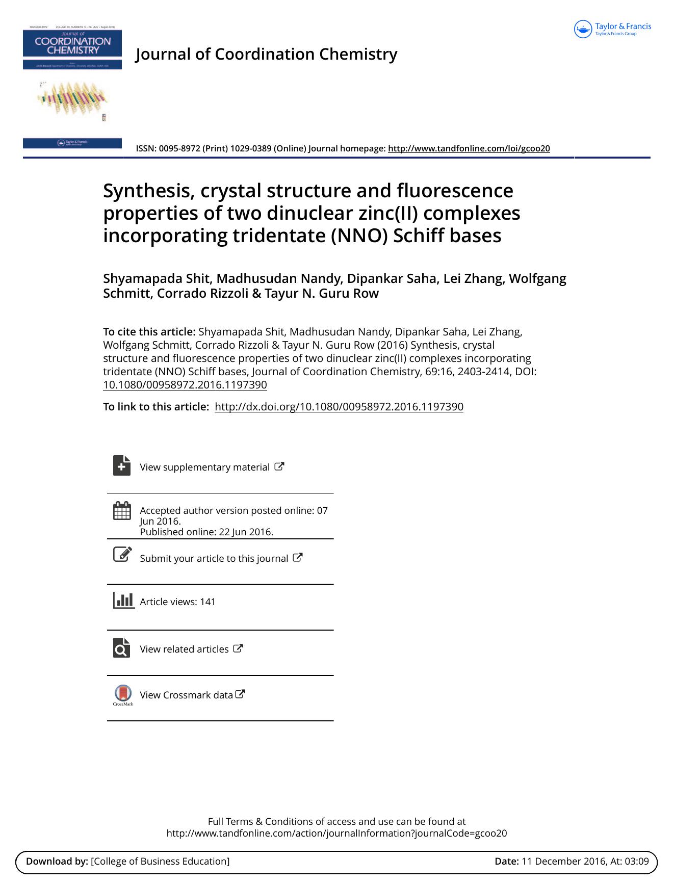 Synthesis, crystal structure and fluorescence properties of two dinuclear zinc(II) complexes incorporating tridentate (NNO) Schiff bases by unknow