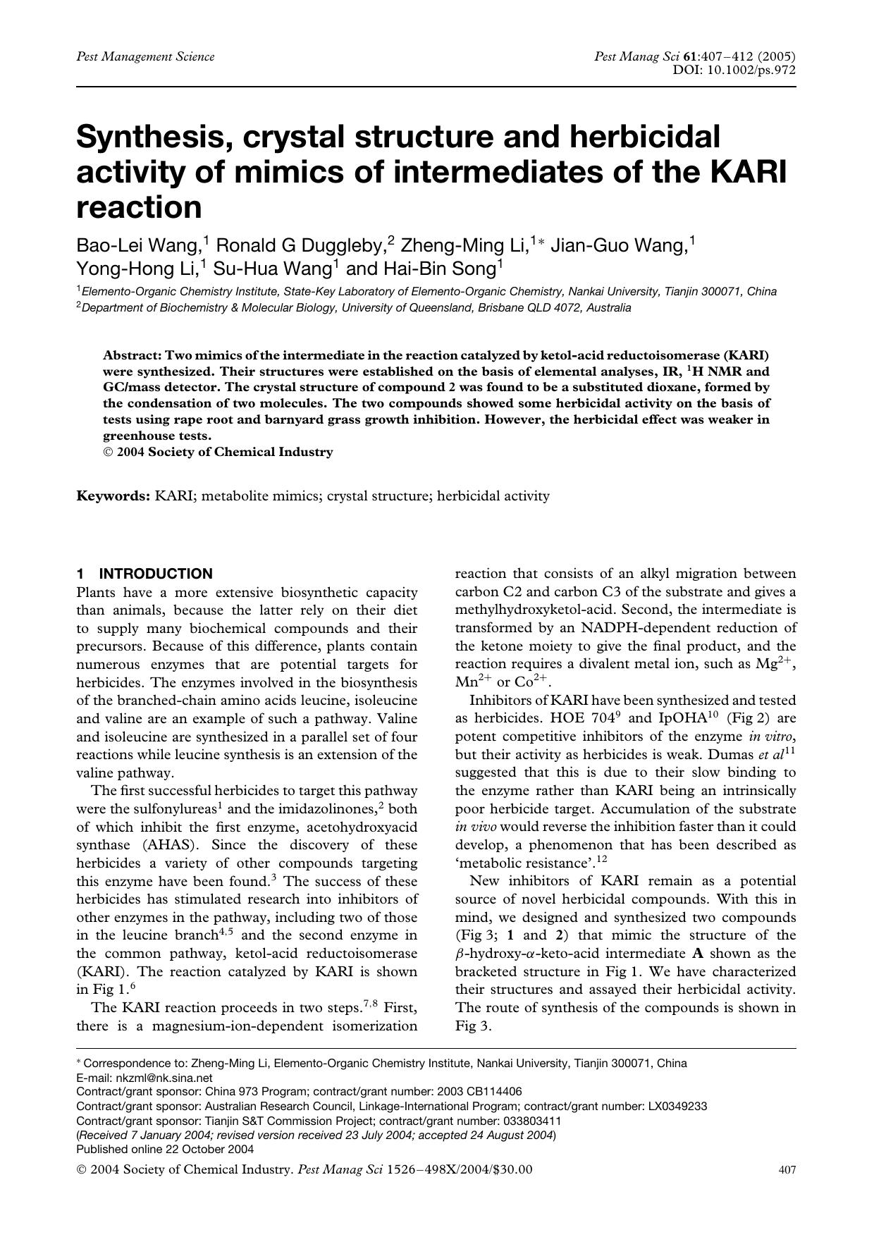 Synthesis, crystal structure and herbicidal activity of mimics of intermediates of the KARI reaction by Unknown