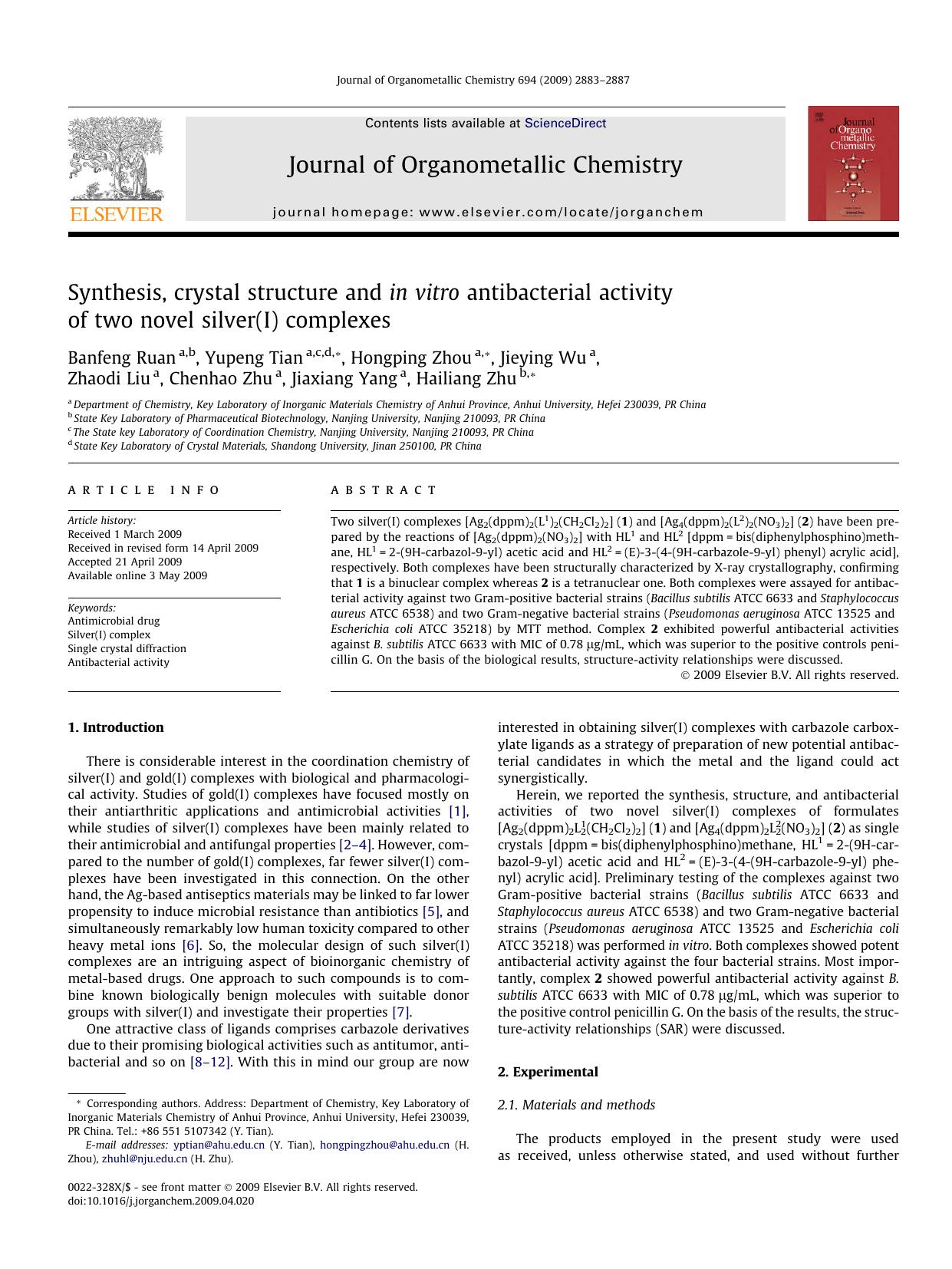 Synthesis, crystal structure and in vitro antibacterial activity of two novel silver(I) complexes by unknow