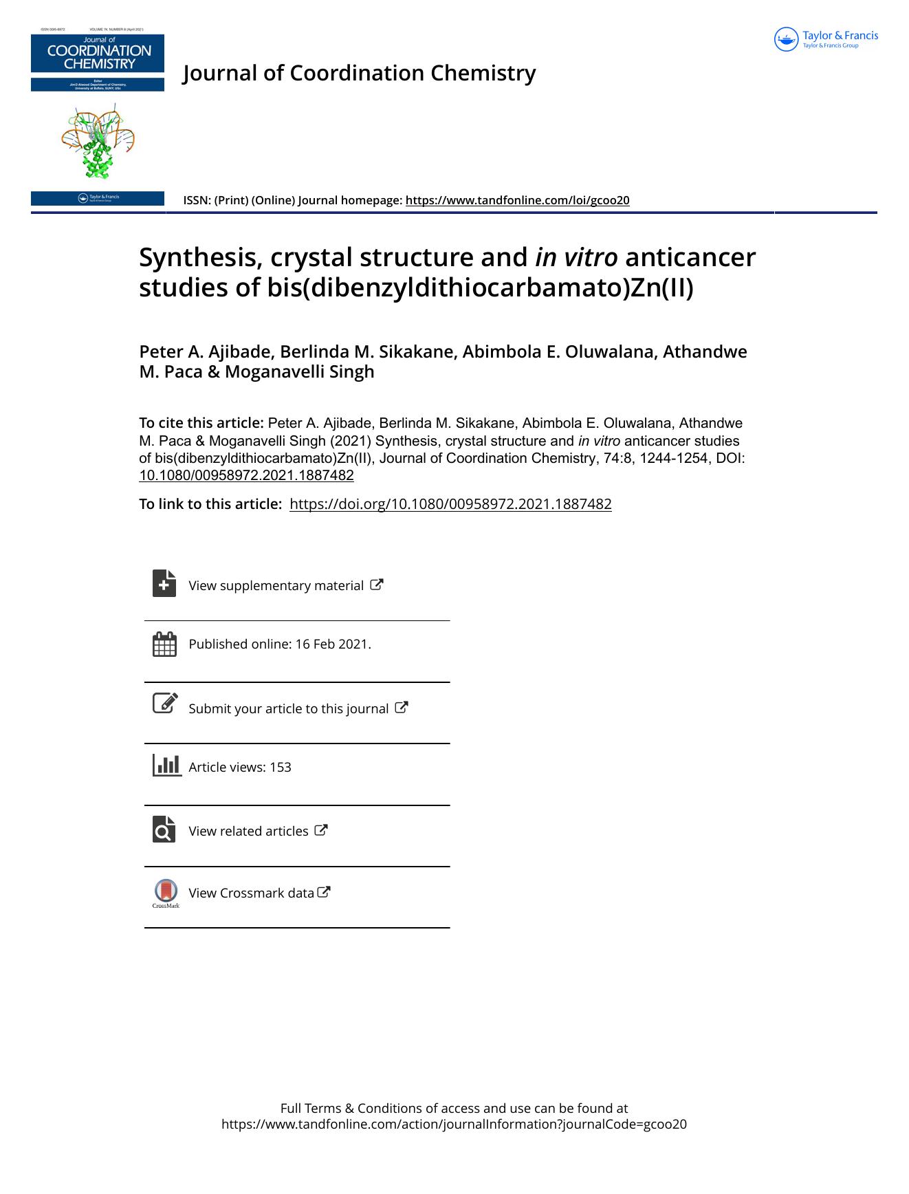 Synthesis, crystal structure and inÂ vitro anticancer studies of bis(dibenzyldithiocarbamato)Zn(II) by unknow
