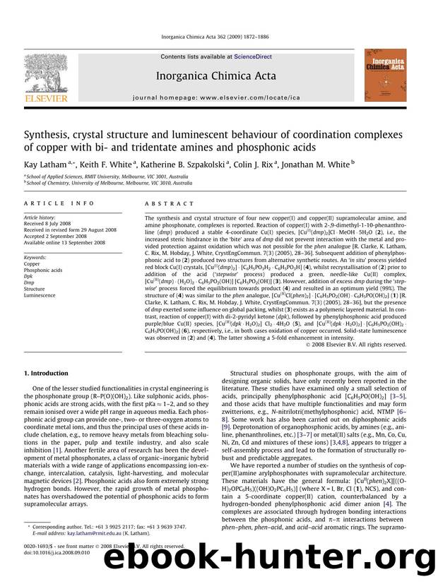 Synthesis, crystal structure and luminescent behaviour of coordination complexes of copper with bi- and tridentate amines and phosphonic acids by Kay Latham; Keith F. White; Katherine B. Szpakolski; Colin J. Rix; Jonathan M. White