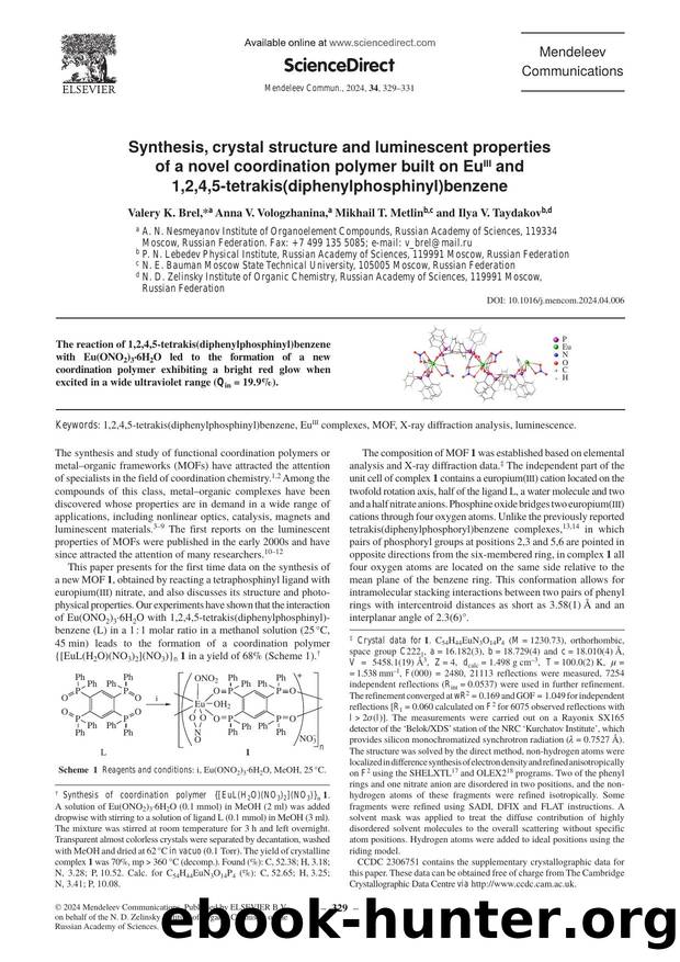 Synthesis, crystal structure and luminescent properties of a novel coordination polymer built on Euiii and 1,2,4,5-tetrakis(diphenylphosphinyl)benzene by Valery K. Brel & Anna V. Vologzhanina & Mikhail T. Metlin & Ilya V. Taydakov