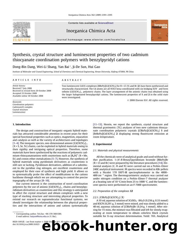 Synthesis, crystal structure and luminescent properties of two cadmium thiocyanate coordination polymers with benzylpyridyl cations by Dong-Bin Dang; Wei-Li Shang; Yan Bai; Ji-De Sun; Hui Gao