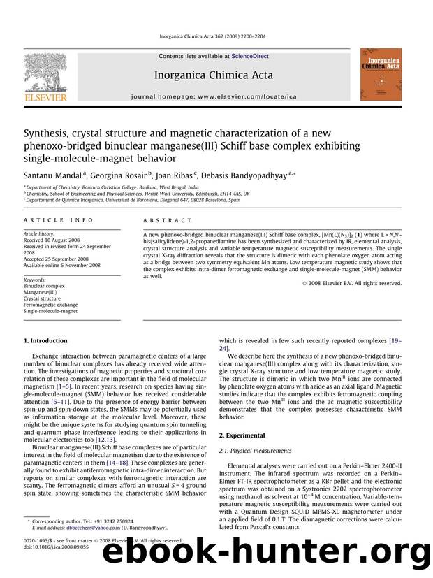 Synthesis, crystal structure and magnetic characterization of a new phenoxo-bridged binuclear manganese(III) Schiff base complex exhibiting single-molecule-magnet behavior by Santanu Mandal; Georgina Rosair; Joan Ribas; Debasis Bandyopadhyay