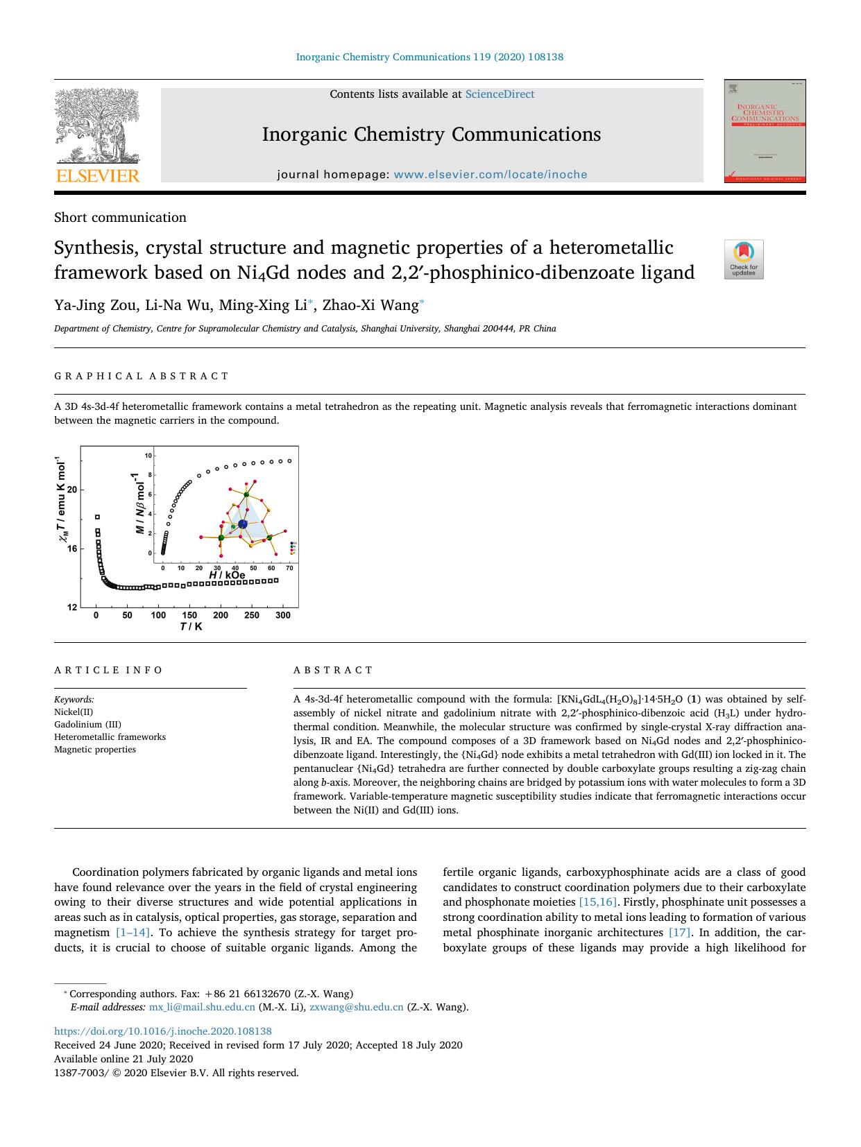 Synthesis, crystal structure and magnetic properties of a heterometallic framework based on Ni4Gd nodes and 2,2â²-phosphinico-dibenzoate ligand by Ya-Jing Zou & Li-Na Wu & Ming-Xing Li & Zhao-Xi Wang