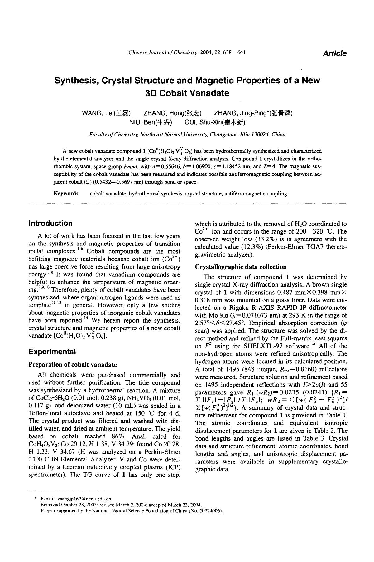 Synthesis, crystal structure and magnetic properties of a new 30 cobalt vanadate by Unknown