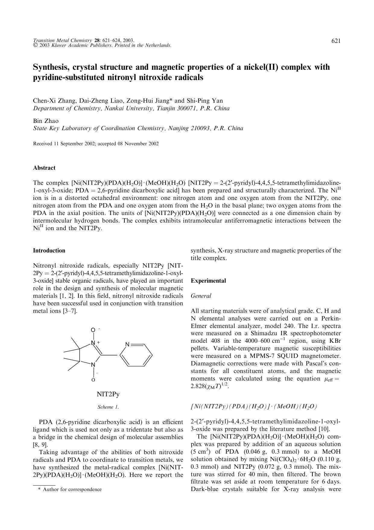 Synthesis, crystal structure and magnetic properties of a nickel(II) complex with pyridine-substituted nitronyl nitroxide radicals by Unknown