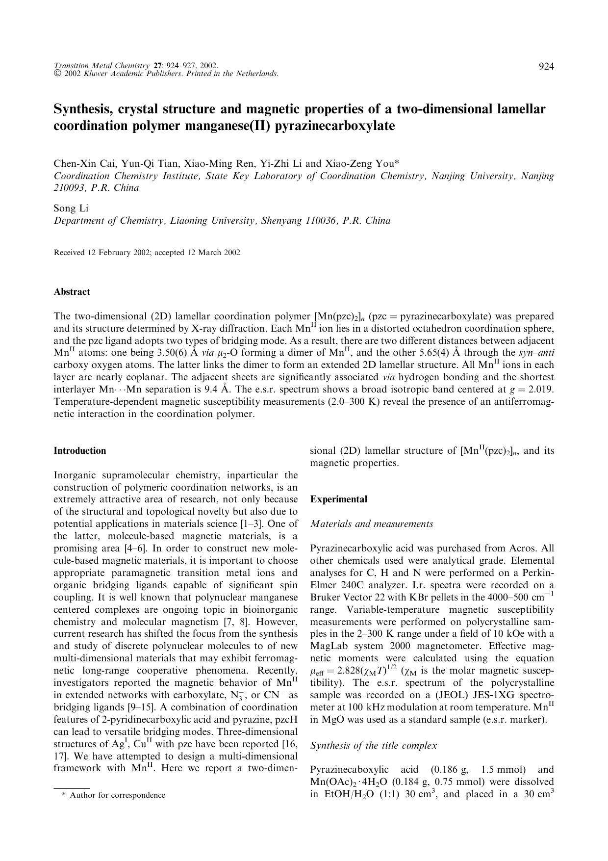 Synthesis, crystal structure and magnetic properties of a two-dimensional lamellar coordination polymer manganese(II) pyrazinecarboxylate by Unknown