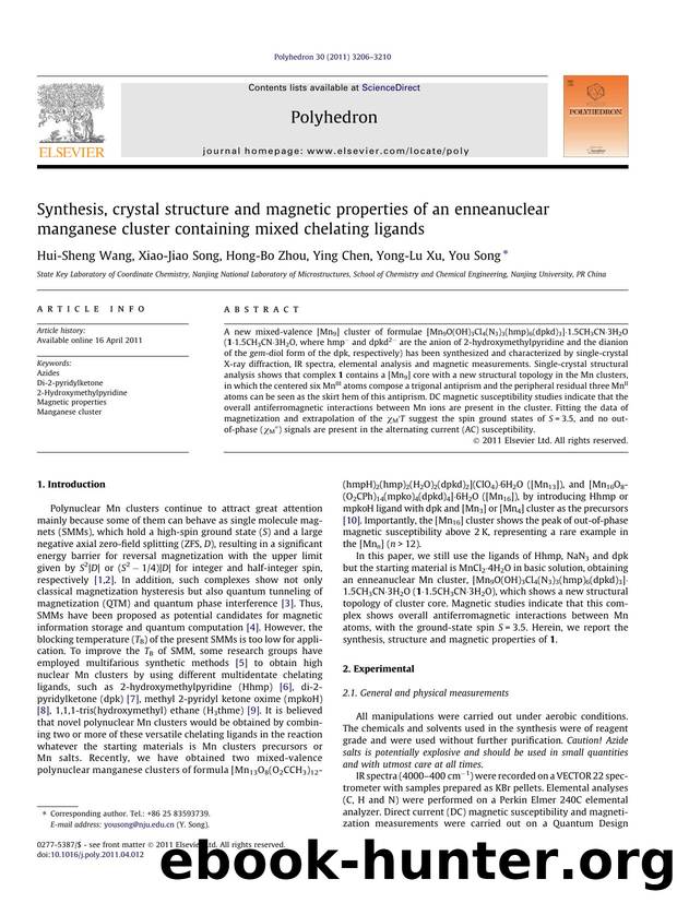 Synthesis, crystal structure and magnetic properties of an enneanuclear manganese cluster containing mixed chelating ligands by Hui-Sheng Wang & Xiao-Jiao Song & Hong-Bo Zhou & Ying Chen & Yong-Lu Xu & You Song