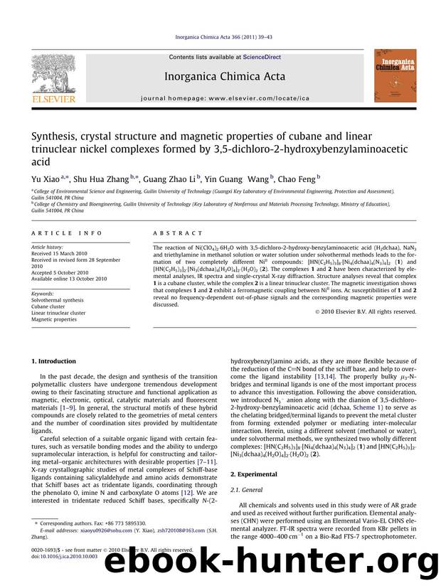 Synthesis, crystal structure and magnetic properties of cubane and linear trinuclear nickel complexes formed by 3,5-dichloro-2-hydroxybenzylaminoacetic acid by Yu Xiao & Shu Hua Zhang & Guang Zhao Li & Yin Guang Wang & Chao Feng
