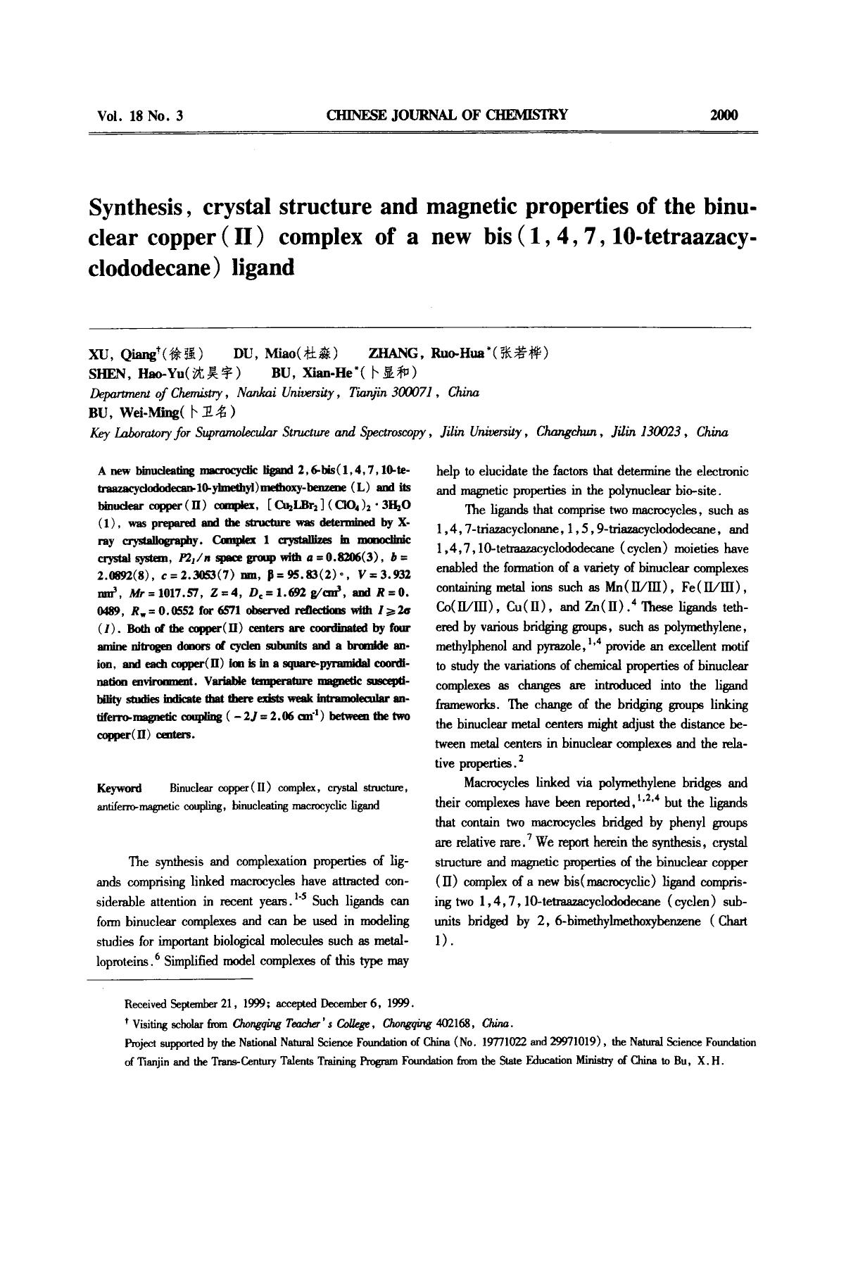 Synthesis, crystal structure and magnetic properties of the binuclear copper (II) complex of a new bis (1, 4, 7, 10tetraazacyclododecane) ligand by Unknown
