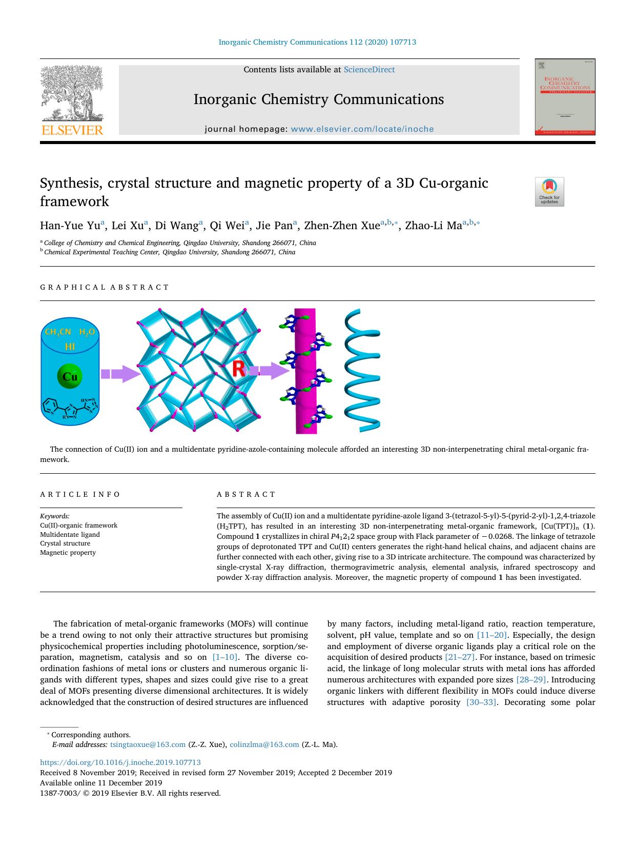 Synthesis, crystal structure and magnetic property of a 3D Cu-organic framework by Han-Yue Yu & Lei Xu & Di Wang & Qi Wei & Jie Pan & Zhen-Zhen Xue & Zhao-Li Ma