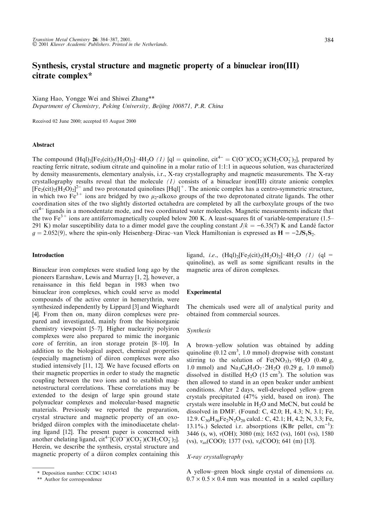 Synthesis, crystal structure and magnetic property of a binuclear iron(III) citrate complex by Unknown