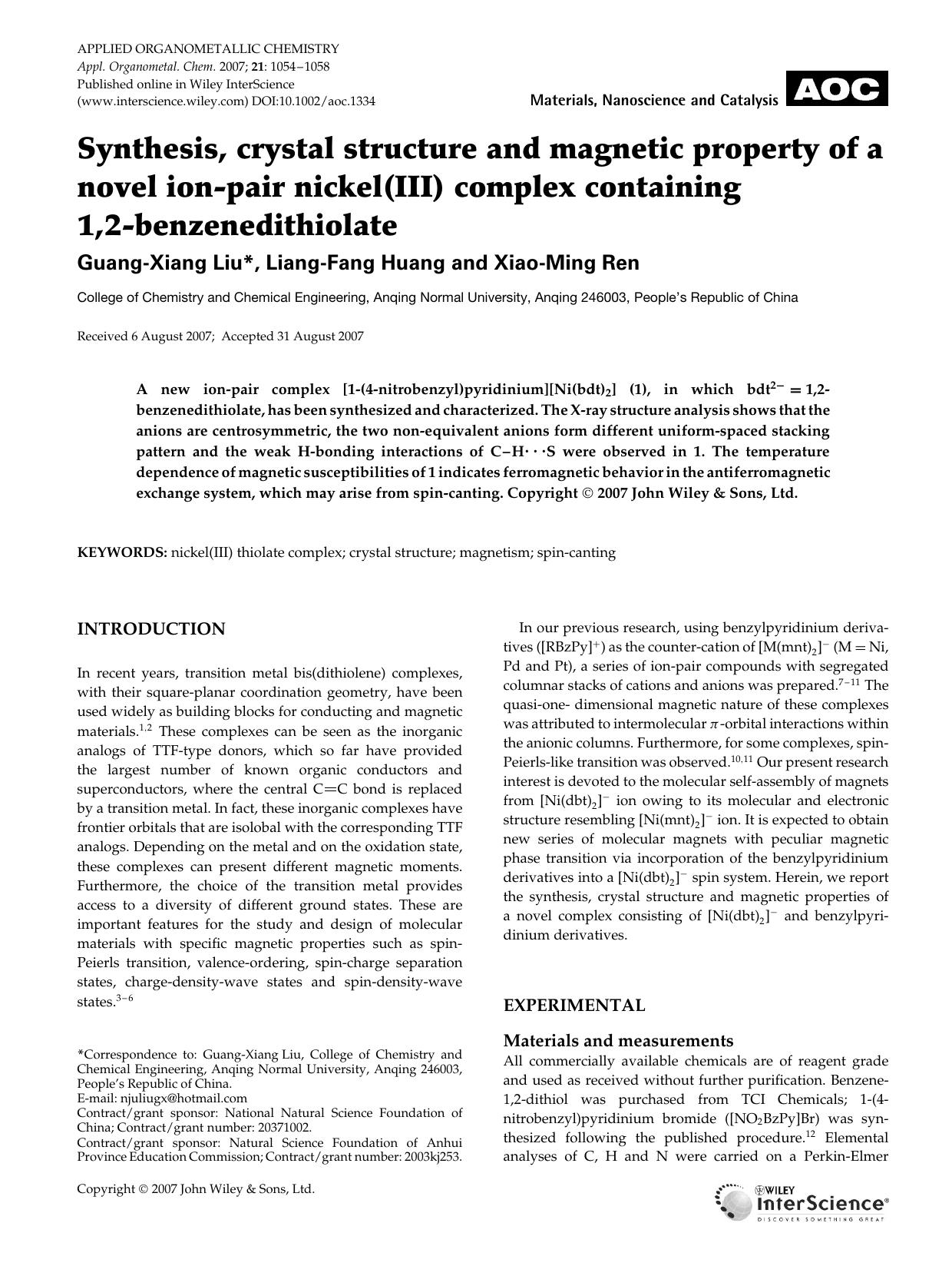 Synthesis, crystal structure and magnetic property of a novel ion-pair nickel(III) complex containing 1,2-benzenedithiolate by Unknown