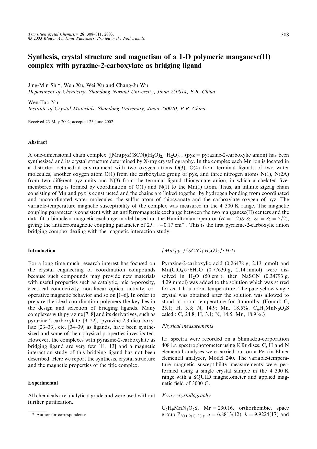 Synthesis, crystal structure and magnetism of a 1-D polymeric manganese(II) complex with pyrazine-2-carboxylate as bridging ligand by Unknown