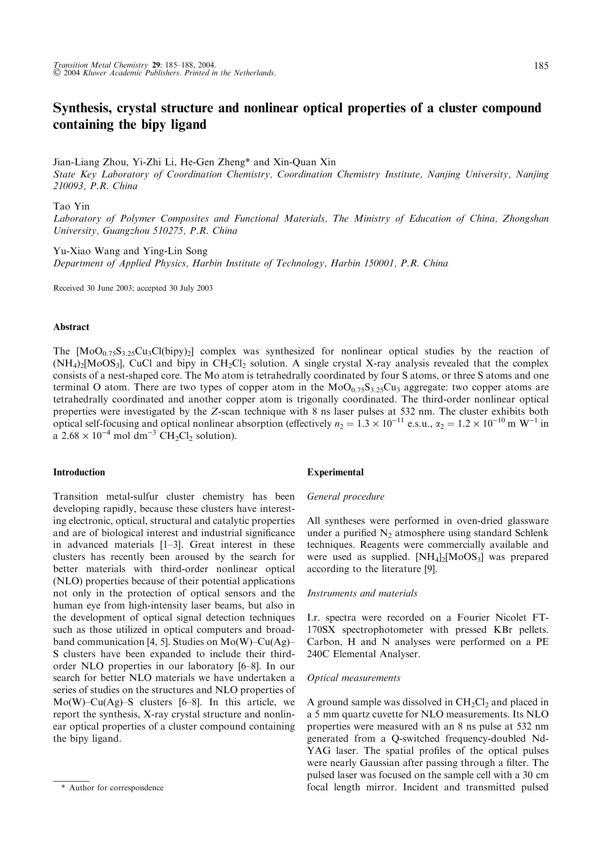 Synthesis, crystal structure and nonlinear optical properties of a cluster compound containing the bipy ligand by Unknown