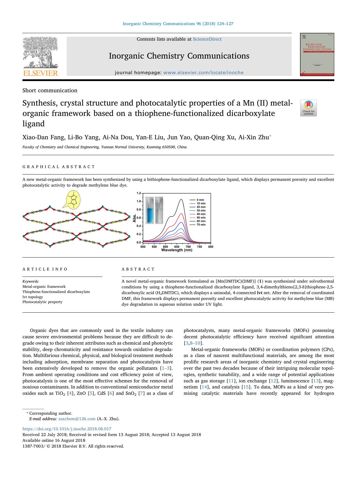 Synthesis, crystal structure and photocatalytic properties of a Mn (II) metal-organic framework based on a thiophene-functionalized dicarboxylate ligand by Xiao-Dan Fang & Li-Bo Yang & Ai-Na Dou & Yan-E Liu & Jun Yao & Quan-Qing Xu & Ai-Xin Zhu