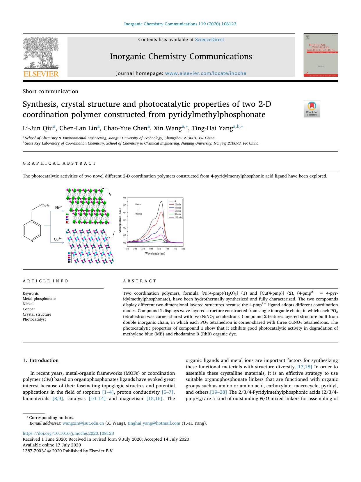 Synthesis, crystal structure and photocatalytic properties of two 2-D coordination polymer constructed from pyridylmethylphosphonate by Li-Jun Qiu & Chen-Lan Lin & Chao-Yue Chen & Xin Wang & Ting-Hai Yang