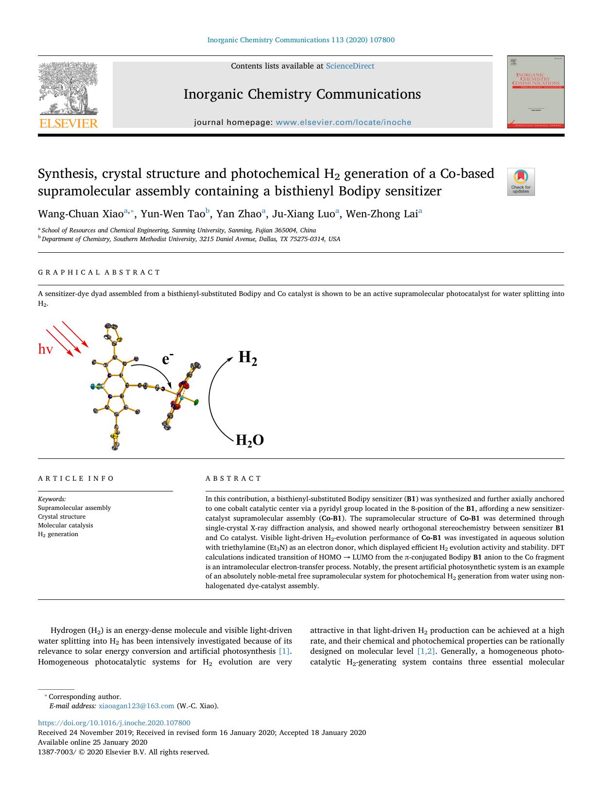 Synthesis, crystal structure and photochemical H2 generation of a Co-based supramolecular assembly containing a bisthienyl Bodipy sensitizer by Wang-Chuan Xiao & Yun-Wen Tao & Yan Zhao & Ju-Xiang Luo & Wen-Zhong Lai