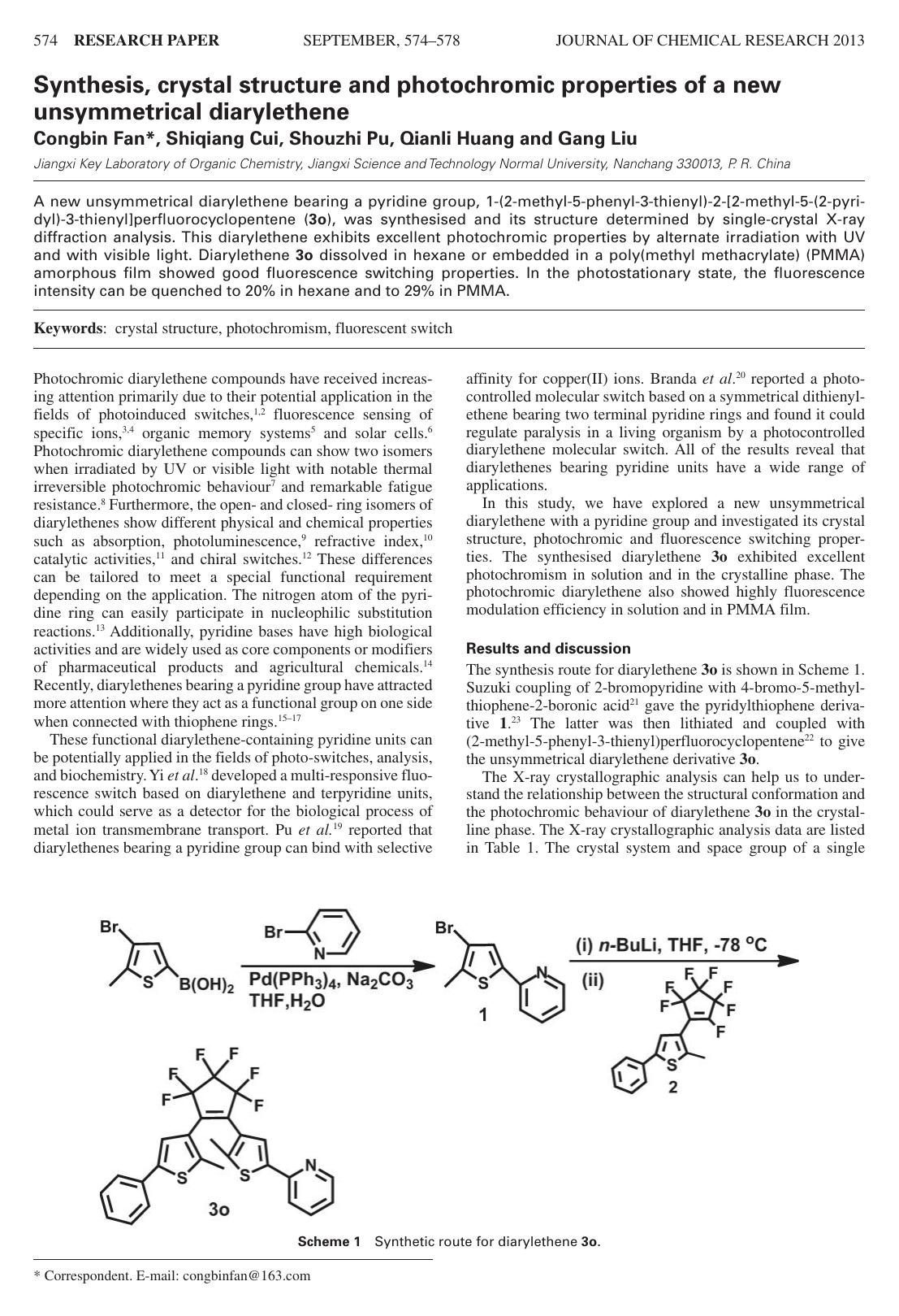 Synthesis, crystal structure and photochromic properties of a new unsymmetrical diarylethene by Congbin Fan ; Shiqiang Cui ; Shouzhi Pu ; Qianli Huang ; Gang Liu