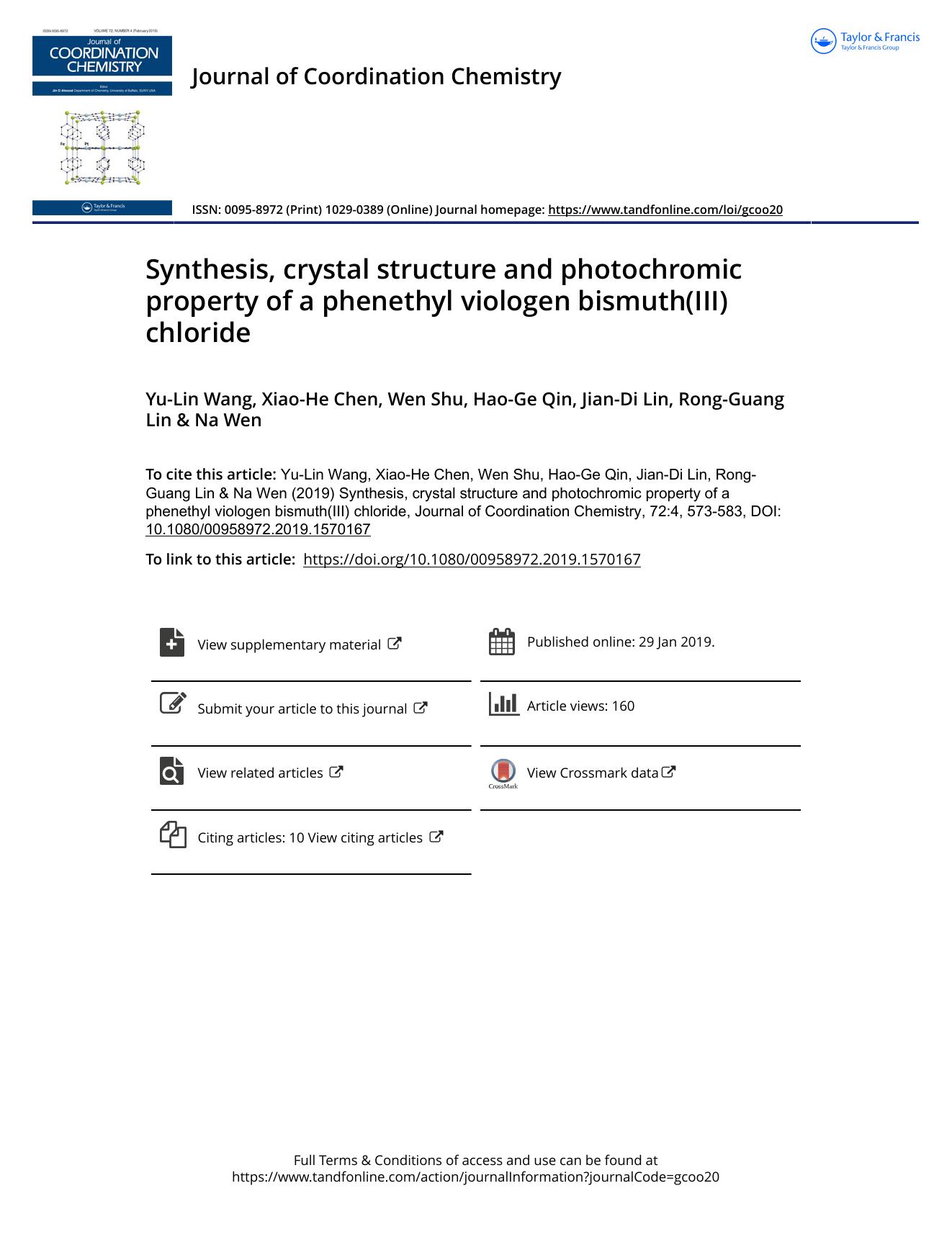 Synthesis, crystal structure and photochromic property of a phenethyl viologen bismuth(III) chloride by Wang Yu-Lin & Chen Xiao-He & Shu Wen & Qin Hao-Ge & Lin Jian-Di & Lin Rong-Guang & Wen Na