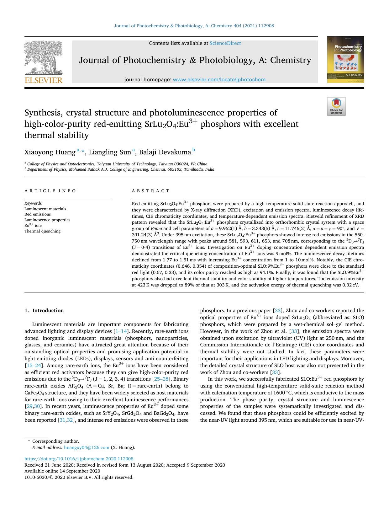 Synthesis, crystal structure and photoluminescence properties of high-color-purity red-emitting SrLu2O4:Eu3+ phosphors with excellent thermal stability by Xiaoyong Huang