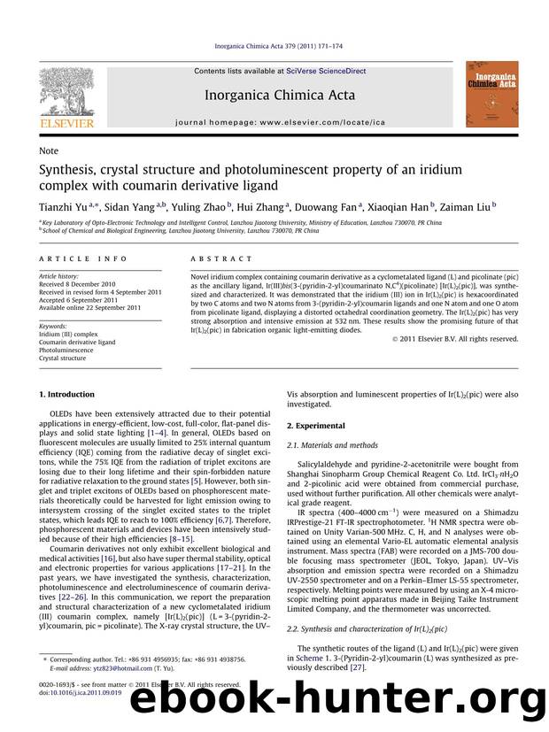 Synthesis, crystal structure and photoluminescent property of an iridium complex with coumarin derivative ligand by Tianzhi Yu & Sidan Yang & Yuling Zhao & Hui Zhang & Duowang Fan & Xiaoqian Han & Zaiman Liu