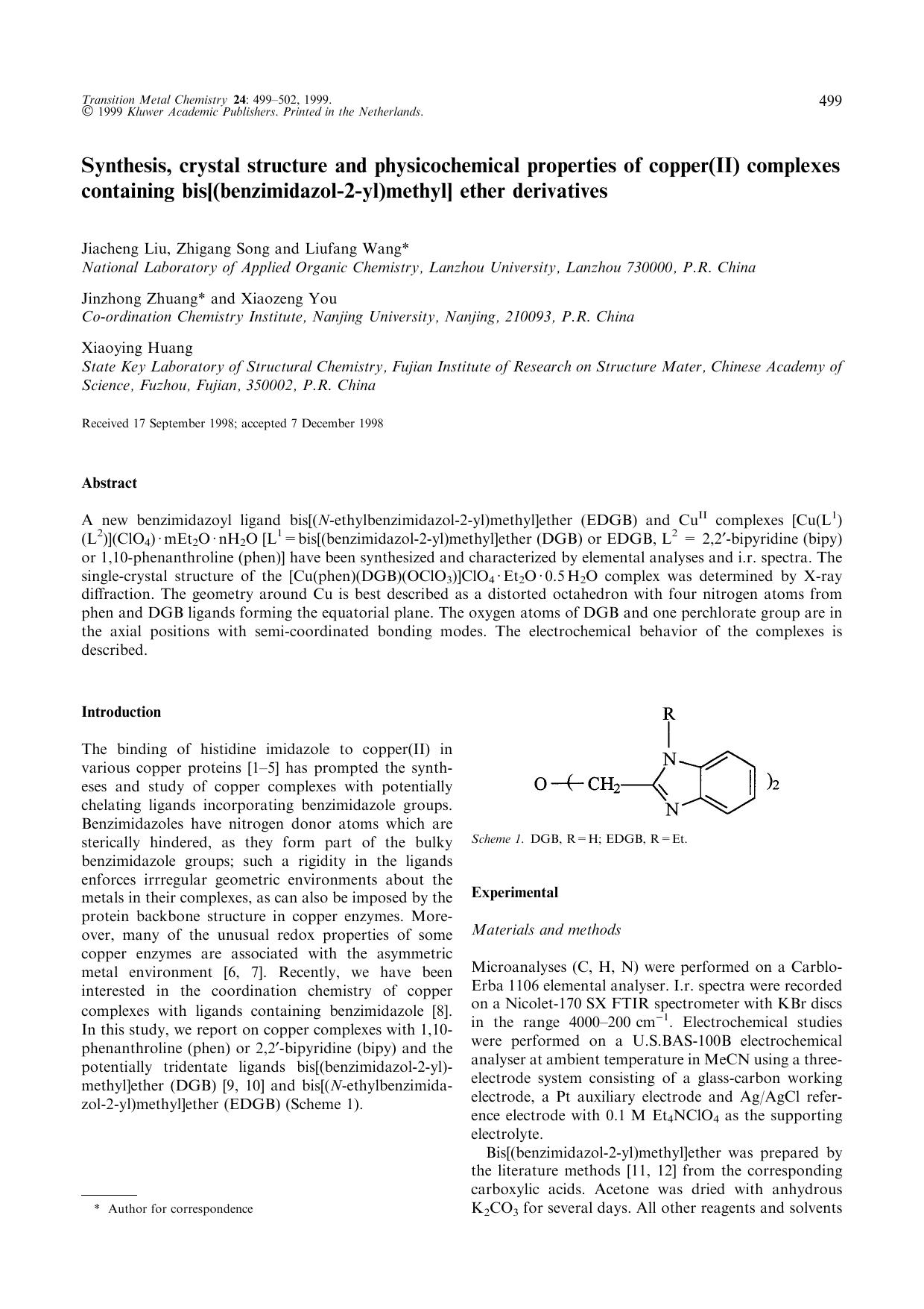 Synthesis, crystal structure and physicochemical properties of copper(II) complexes containing bis[(benzimidazol-2-yl)methyl] ether derivatives by Unknown