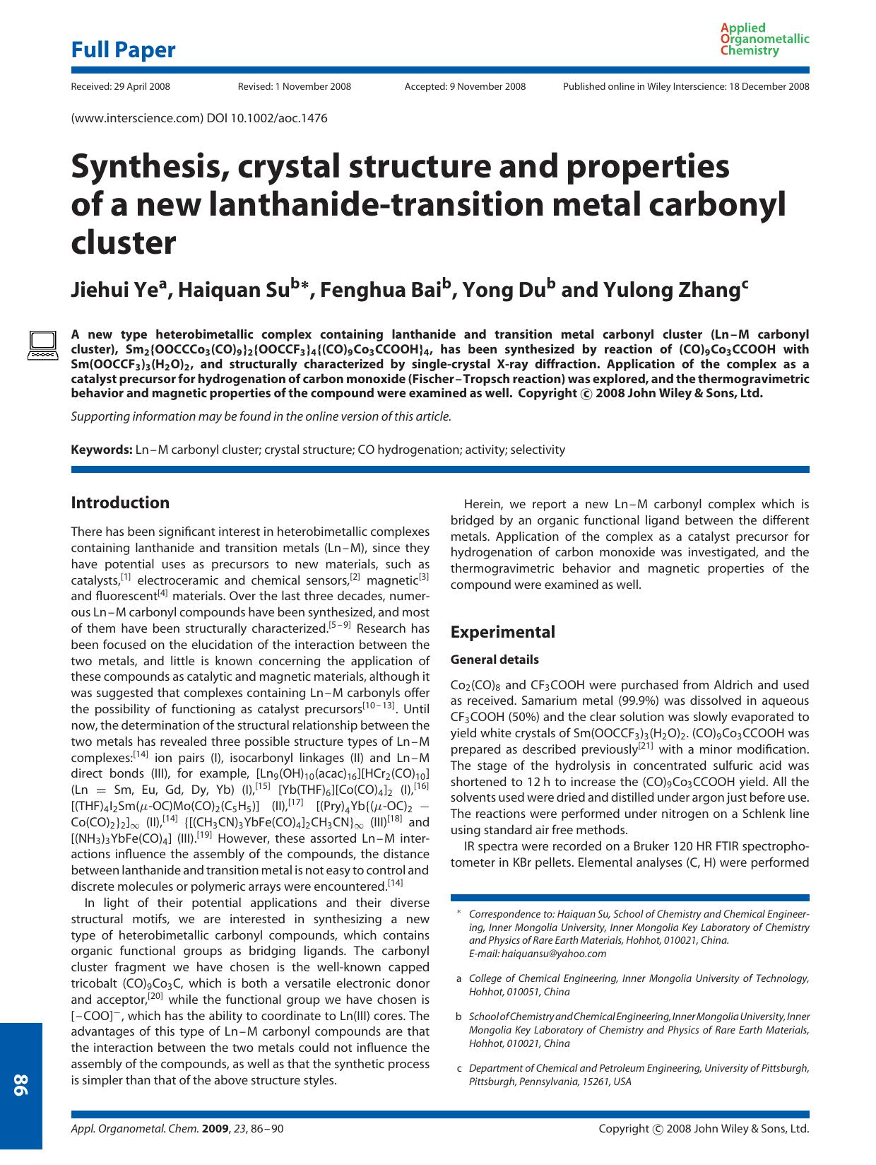 Synthesis, crystal structure and properties of a new lanthanide-transition metal carbonyl cluster by Unknown