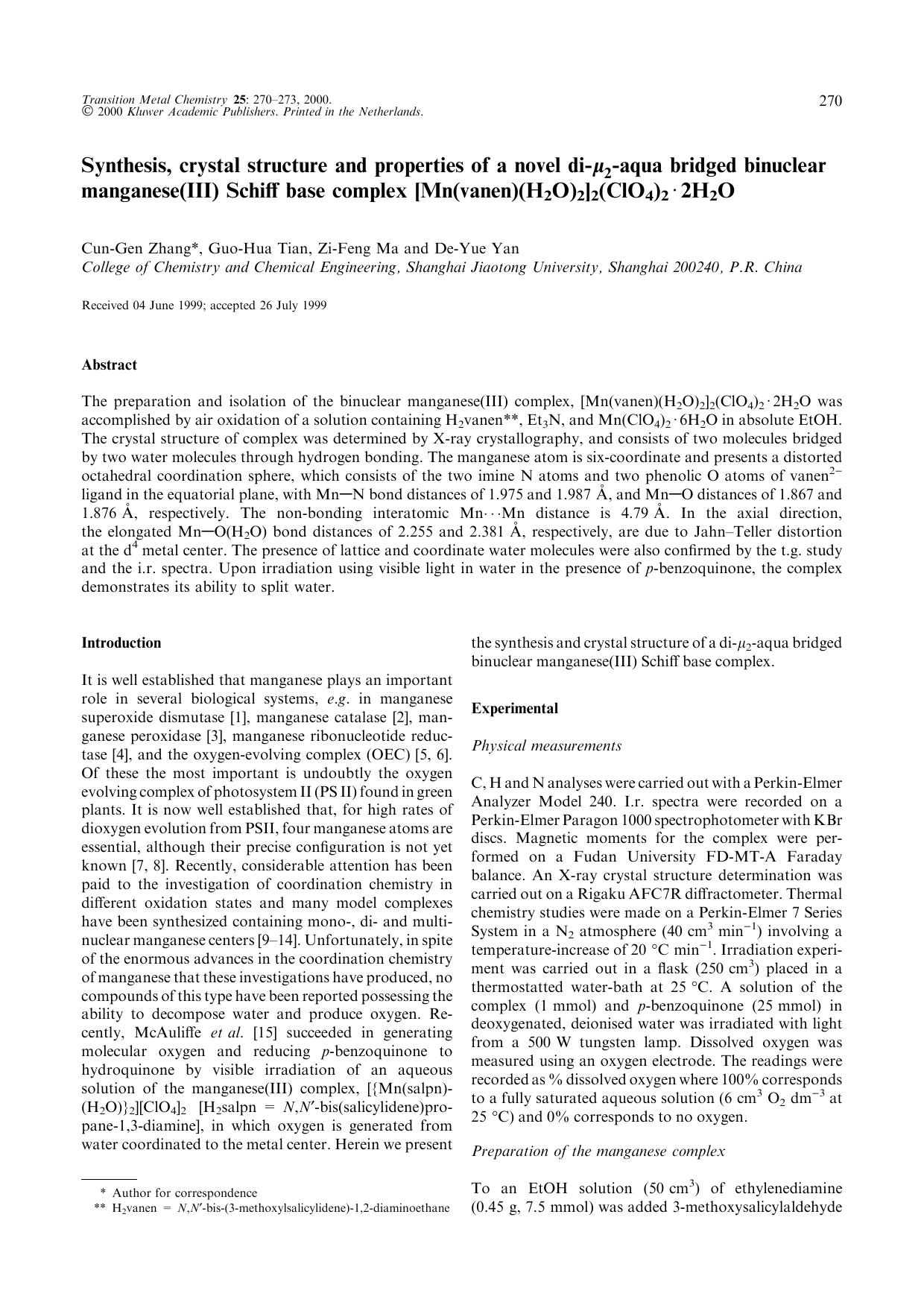Synthesis, crystal structure and properties of a novel di-μ2-aqua bridged binuclear manganese(III) Schiff base complex [Mn(vanen)(H2O)2]2(ClO4)2 · 2H2O by Unknown