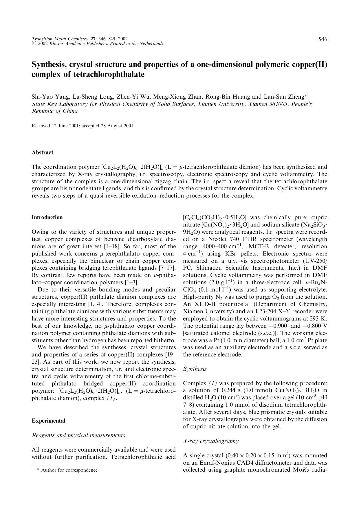 Synthesis, crystal structure and properties of a one-dimensional polymeric copper(II) complex of tetrachlorophthalate by Unknown