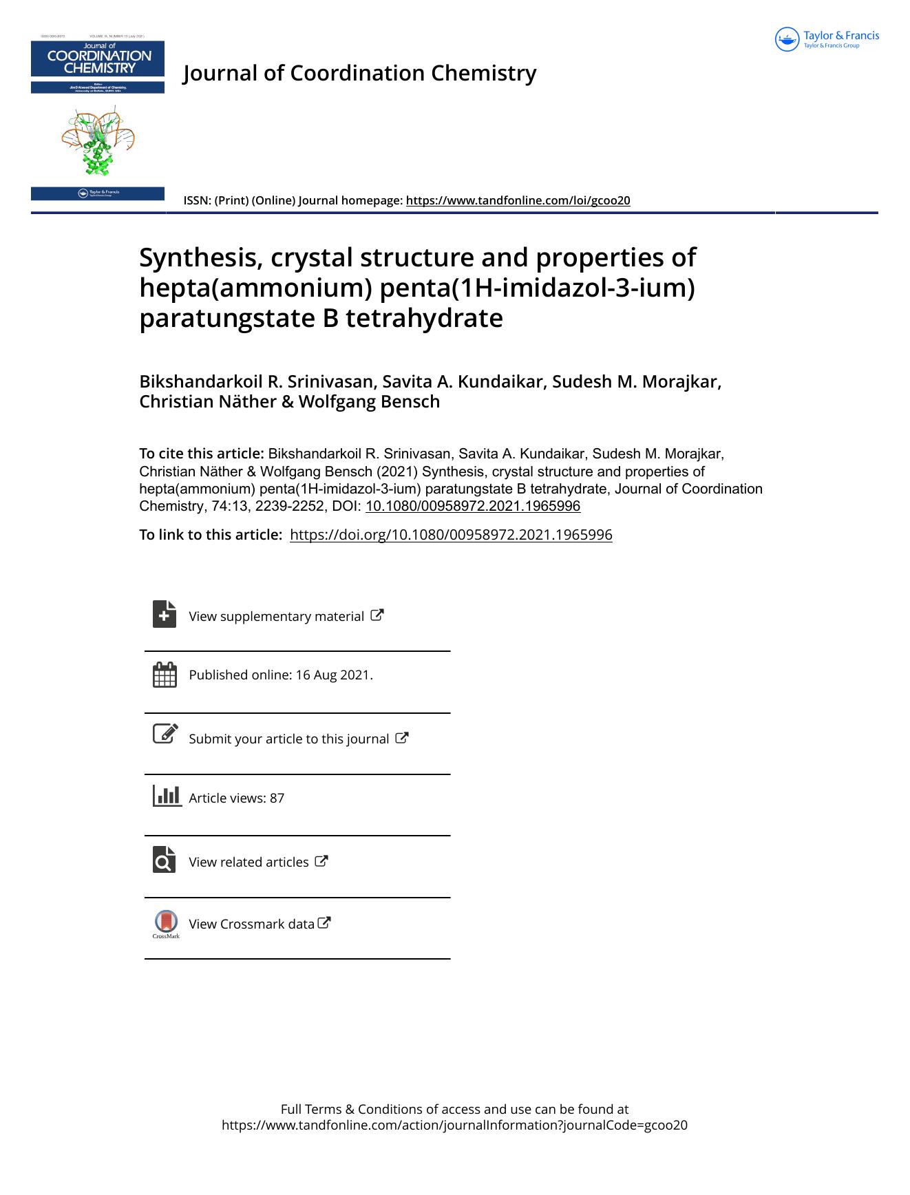 Synthesis, crystal structure and properties of hepta(ammonium) penta(1H-imidazol-3-ium) paratungstate B tetrahydrate by unknow