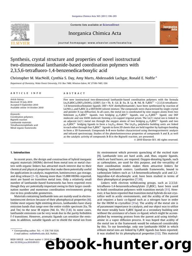 Synthesis, crystal structure and properties of novel isostructural two-dimensional lanthanide-based coordination polymers with 2,3,5,6-tetrafluoro-1,4-benzenedicarboxylic acid by Christopher M. MacNeill & Cynthia S. Day & Amy Marts & Abdessadek Lachgar & Ronald E. Noftle