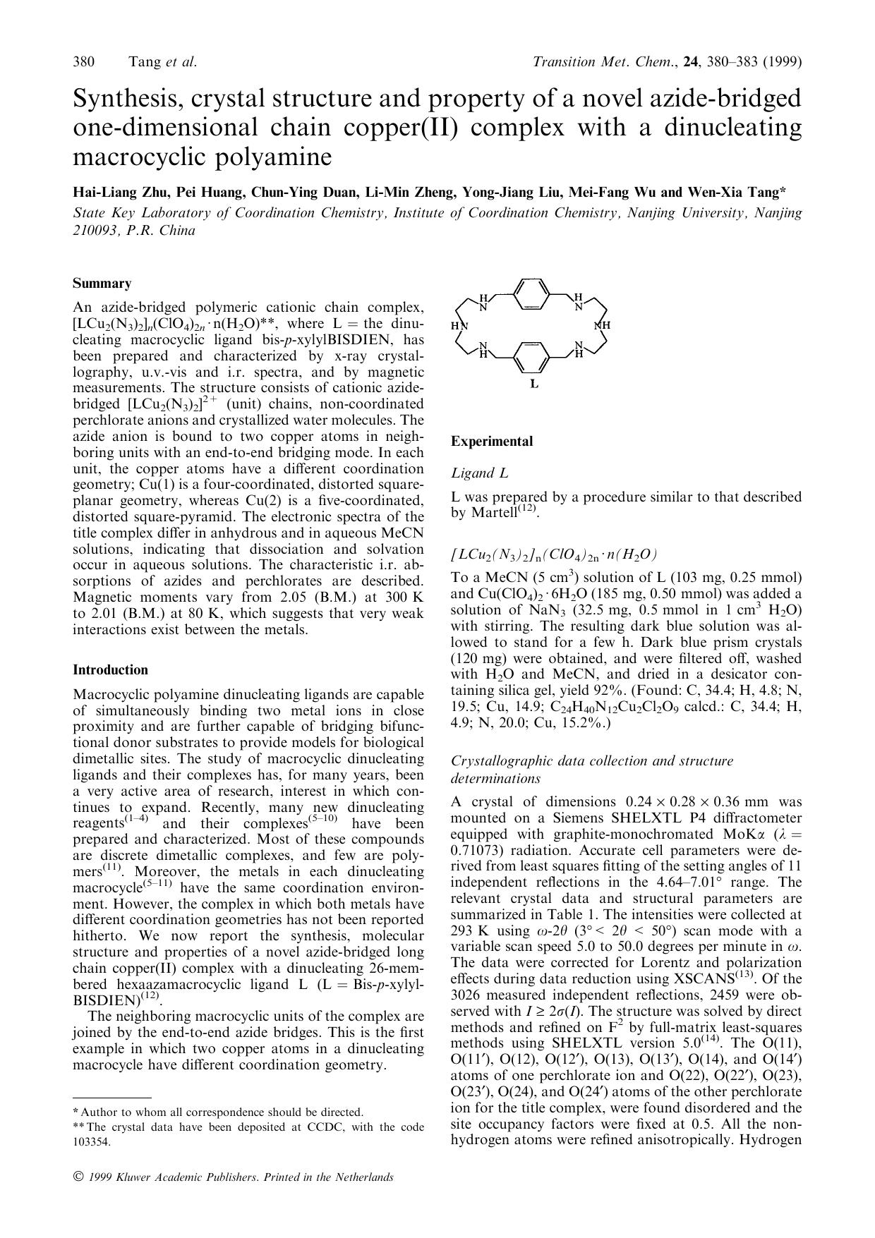 Synthesis, crystal structure and property of a novel azide-bridged one-dimensional chain copper(II) complex with a dinucleating macrocyclic polyamine by Unknown