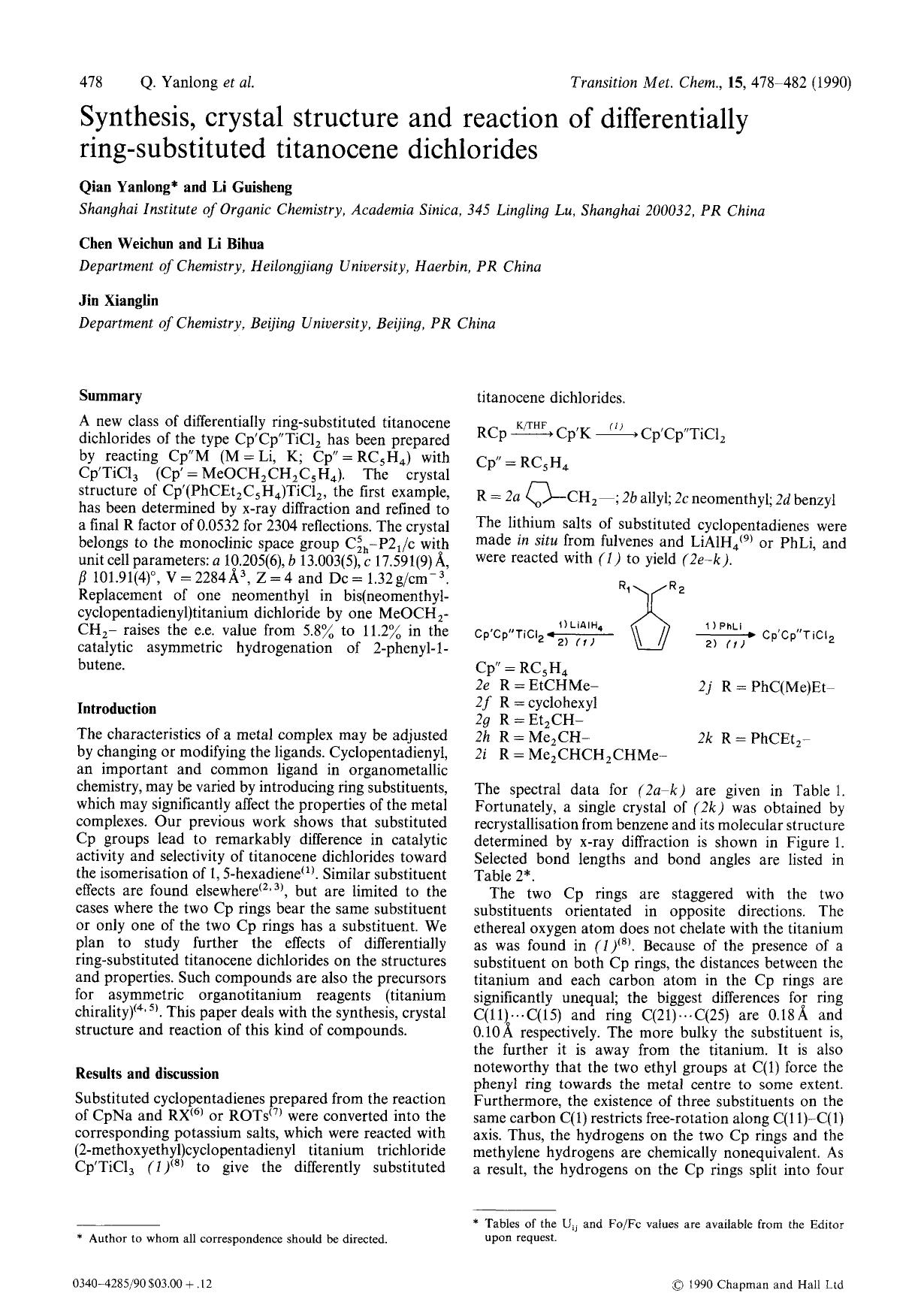 Synthesis, crystal structure and reaction of differentially ring-substituted titanocene dichlorides by Unknown