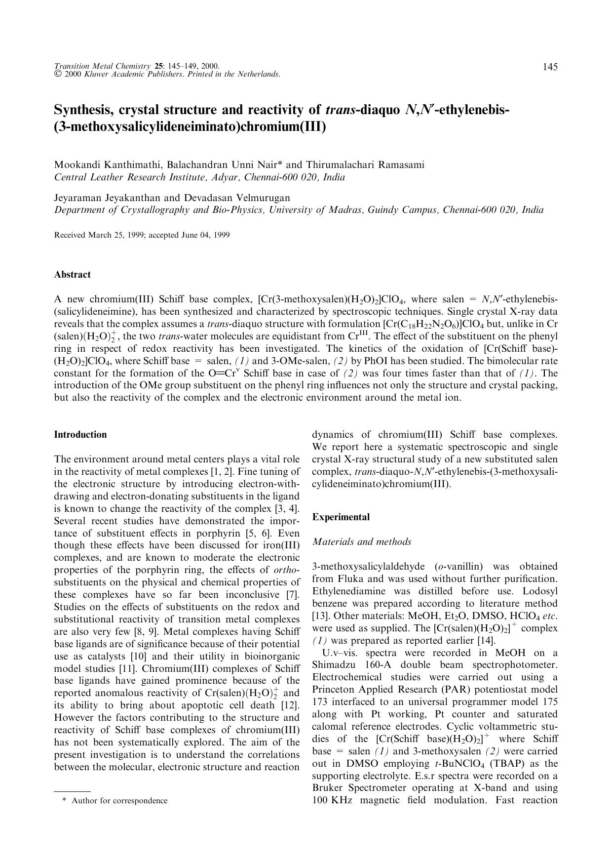 Synthesis, crystal structure and reactivity of trans-diaquo N,N′-ethylenebis-(3-methoxysalicylideneiminato)chromium(III) by Unknown