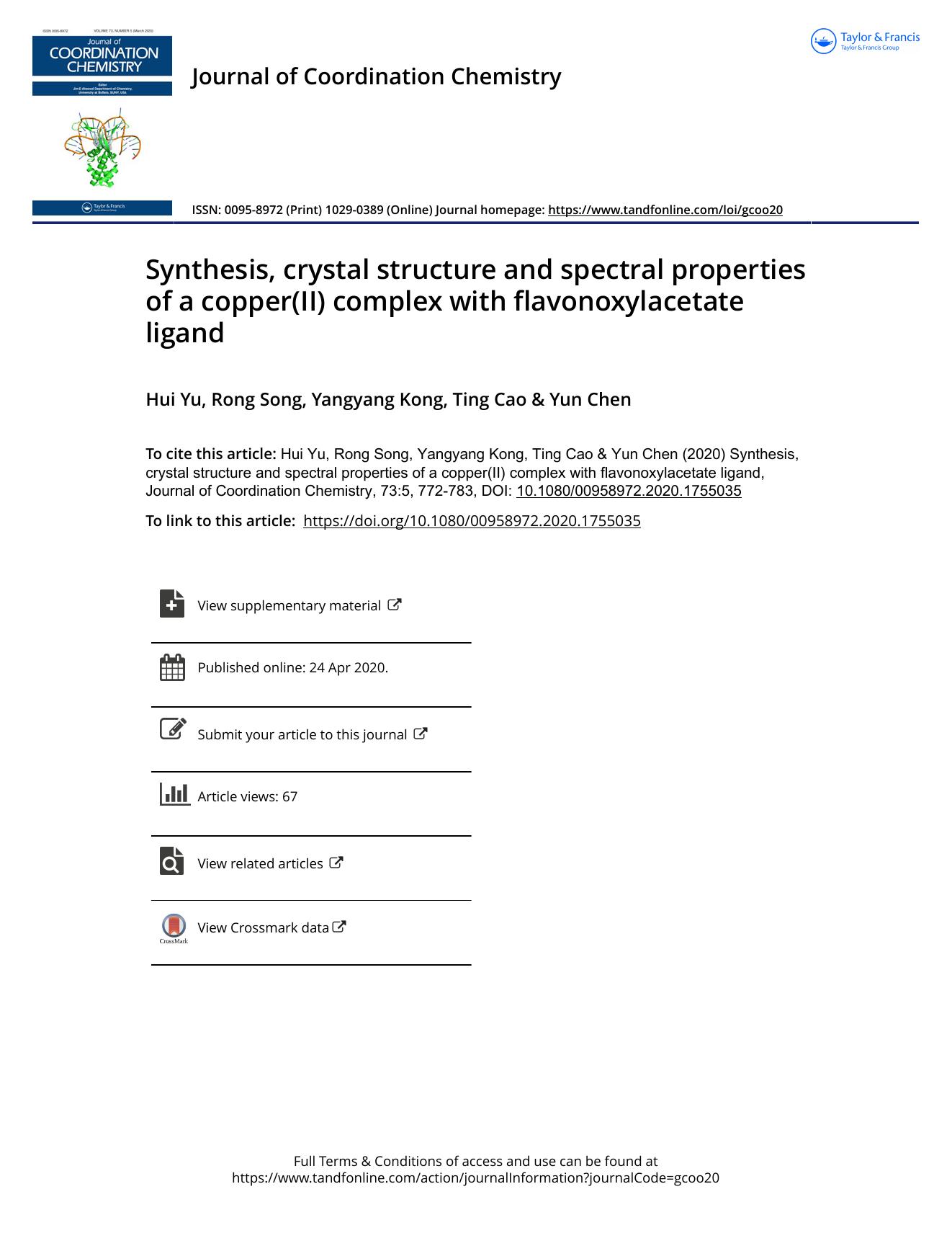 Synthesis, crystal structure and spectral properties of a copper(II) complex with flavonoxylacetate ligand by Yu Hui & Song Rong & Kong Yangyang & Cao Ting & Chen Yun
