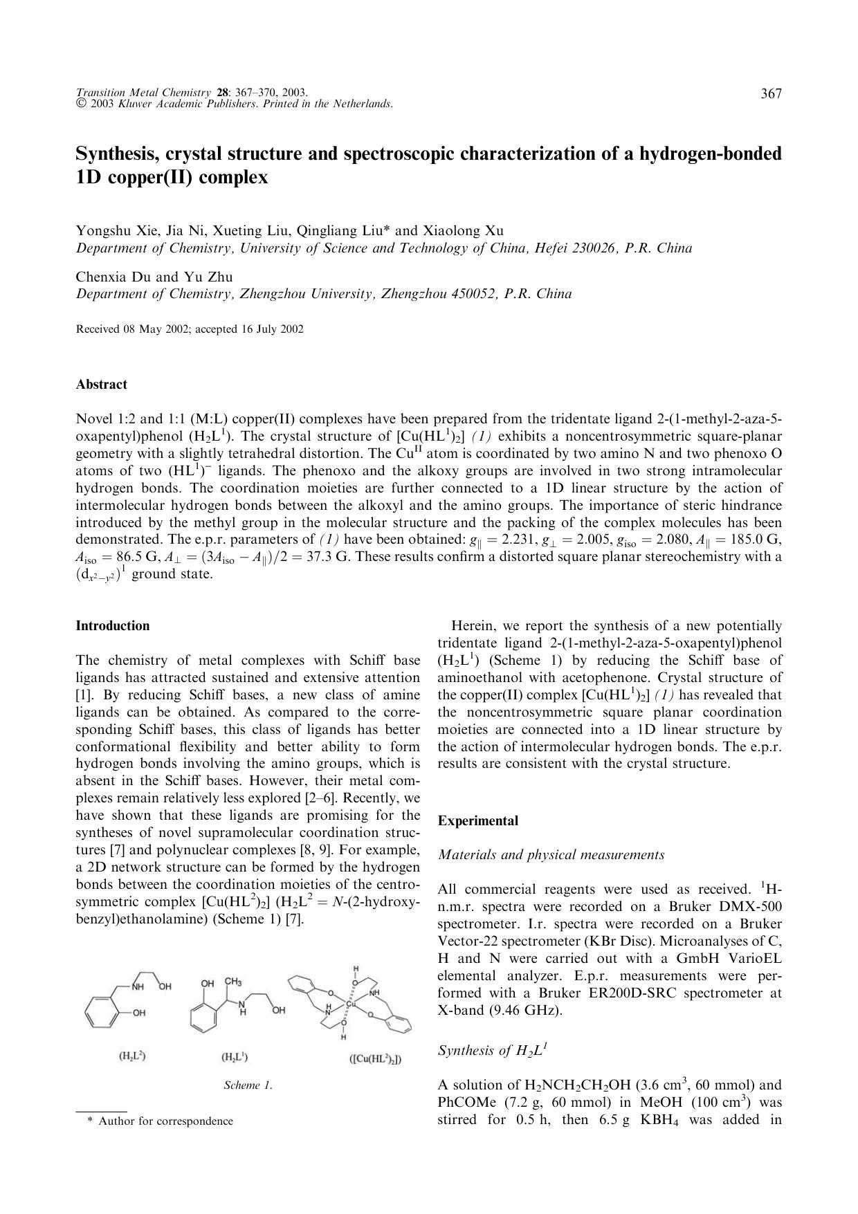 Synthesis, crystal structure and spectroscopic characterization of a hydrogen-bonded 1D copper(II) complex by Unknown
