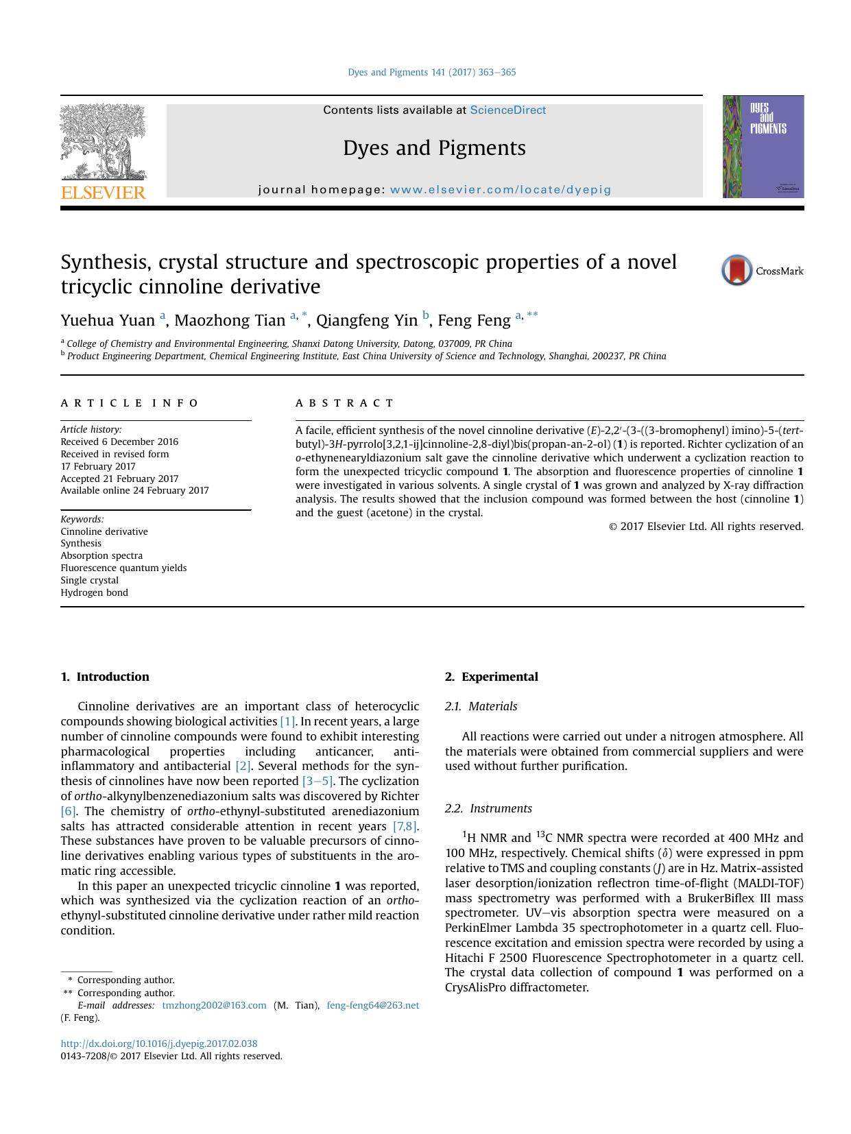 Synthesis, crystal structure and spectroscopic properties of a novel tricyclic cinnoline derivative by Yuehua Yuan & Maozhong Tian & Qiangfeng Yin & Feng Feng