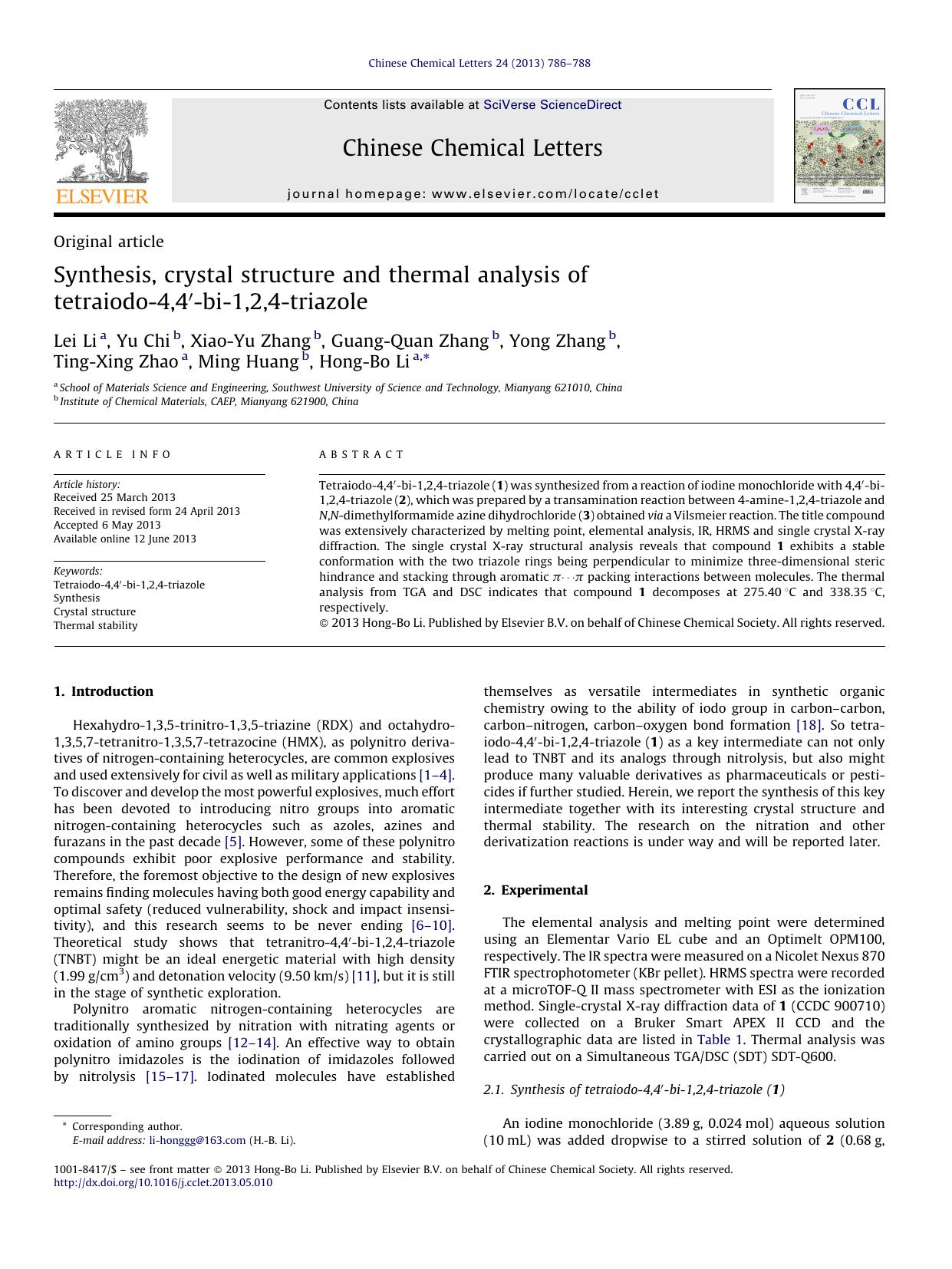 Synthesis, crystal structure and thermal analysis of tetraiodo-4,4â²-bi-1,2,4-triazole by Lei Li