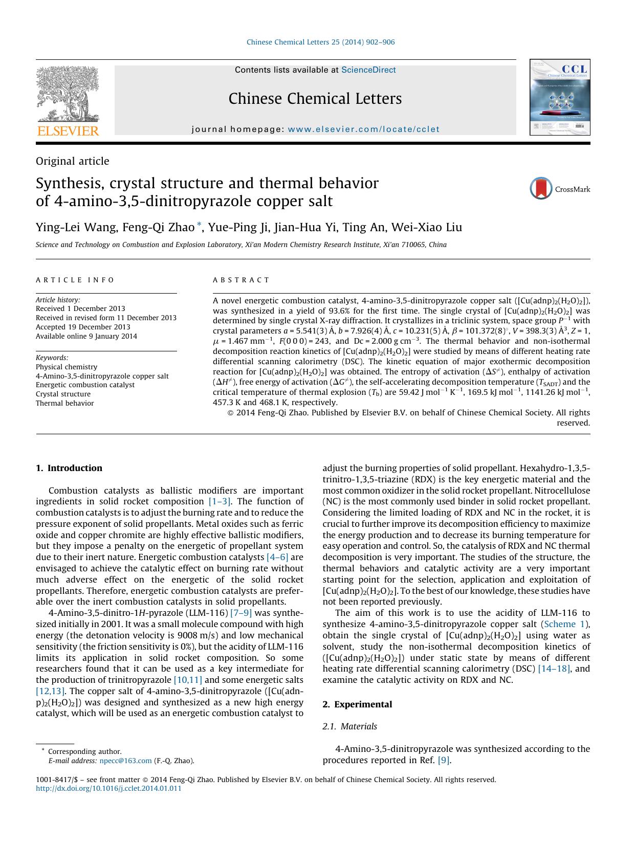 Synthesis, crystal structure and thermal behavior of 4-amino-3,5-dinitropyrazole copper salt by Ying-Lei Wang & Feng-Qi Zhao & Yue-Ping Ji & Jian-Hua Yi & Ting An & Wei-Xiao Liu