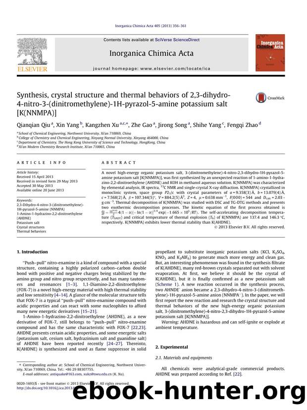 Synthesis, crystal structure and thermal behaviors of 2,3-dihydro-4-nitro-3-(dinitromethylene)-1H-pyrazol-5-amine potassium salt [K(NNMPA)] by Qianqian Qiu & Xin Yang & Kangzhen Xu & Zhe Gao & Jirong Song & Shihe Yang & Fengqi Zhao