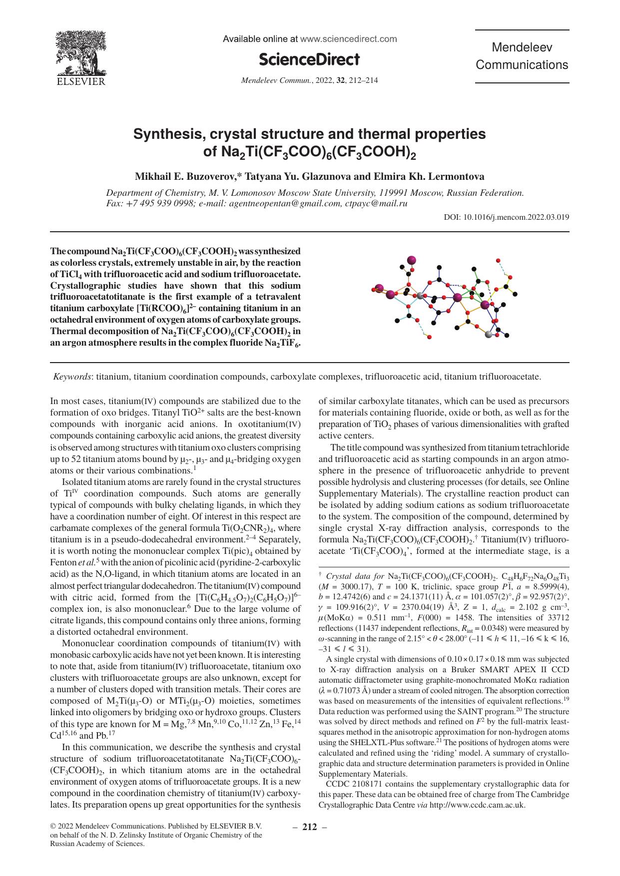 Synthesis, crystal structure and thermal properties of Na2Ti(CF3COO)6(CF3COOH)2 by Mikhail E. Buzoverov